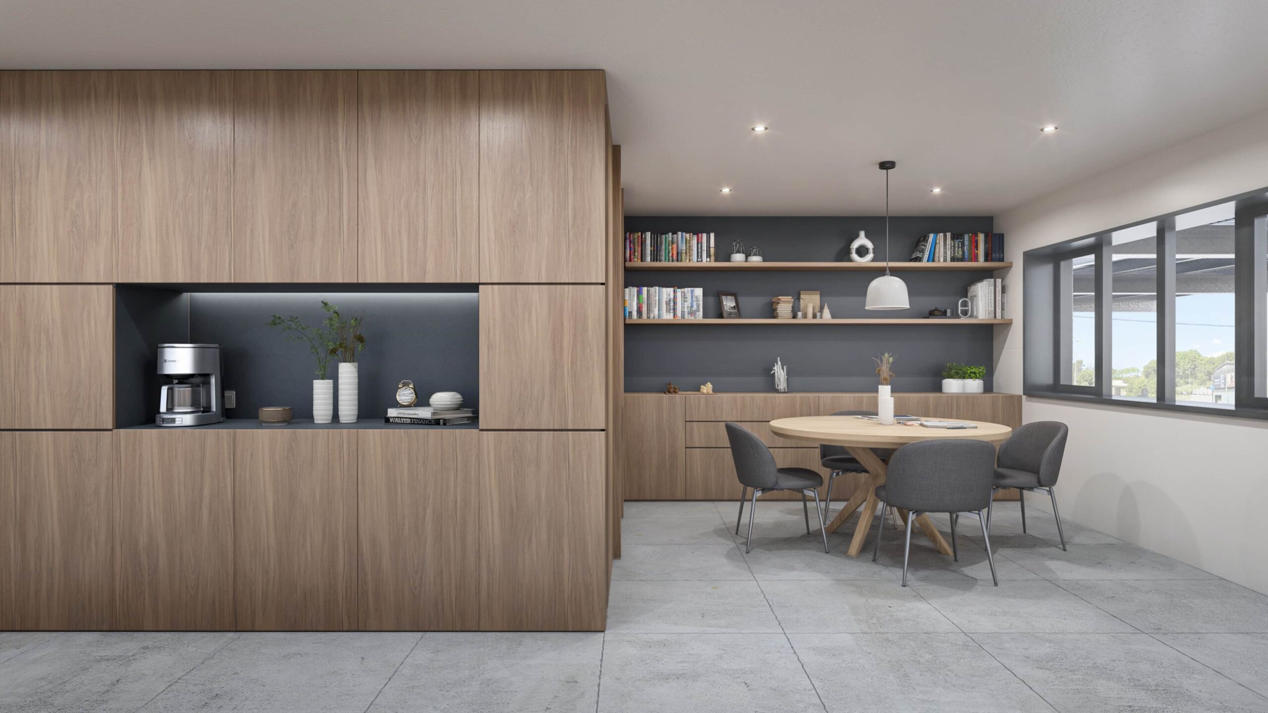 Render 3D de oficina en Barcelona con diseño elegante y detalles en madera