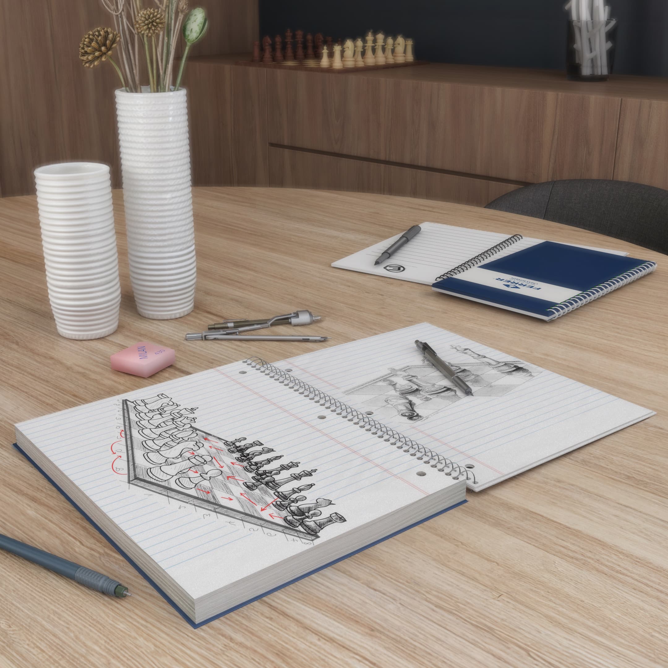Render de oficina en Barcelona con mesa de trabajo y bocetos arquitectónicos