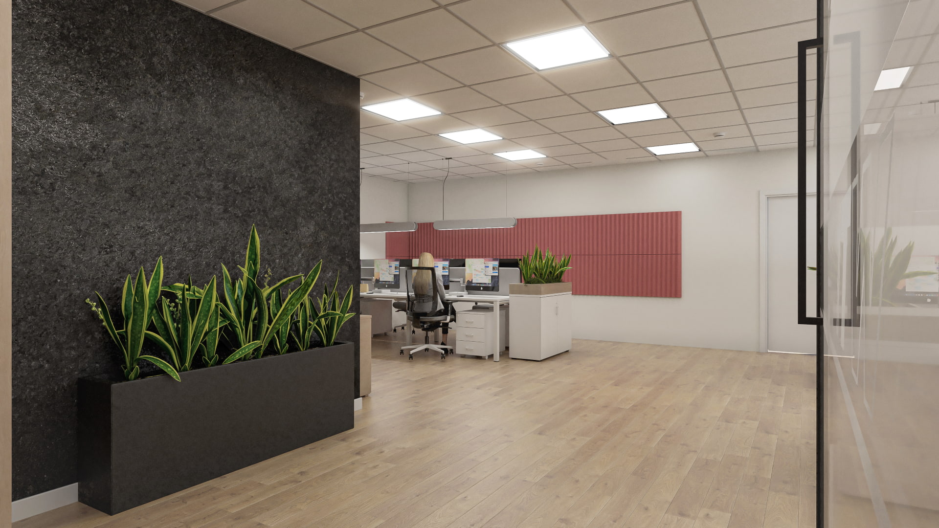 Render arquitectónico de una oficina moderna con pared texturizada, estaciones de trabajo compartidas y divisiones con cristales, parte de una propuesta de rediseño interior.