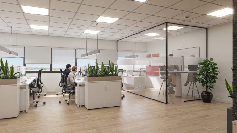 3D architectural visualization of a renovated office with contemporary design, open spaces, and a meeting room enclosed in glass