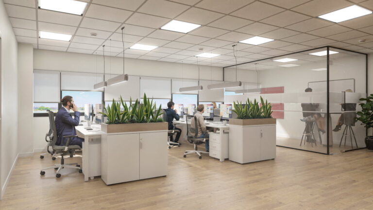 Hyper-realistic render of a modern office with workstations, suspended lighting, and a glass-enclosed meeting room, created to visualize a renovation proposal