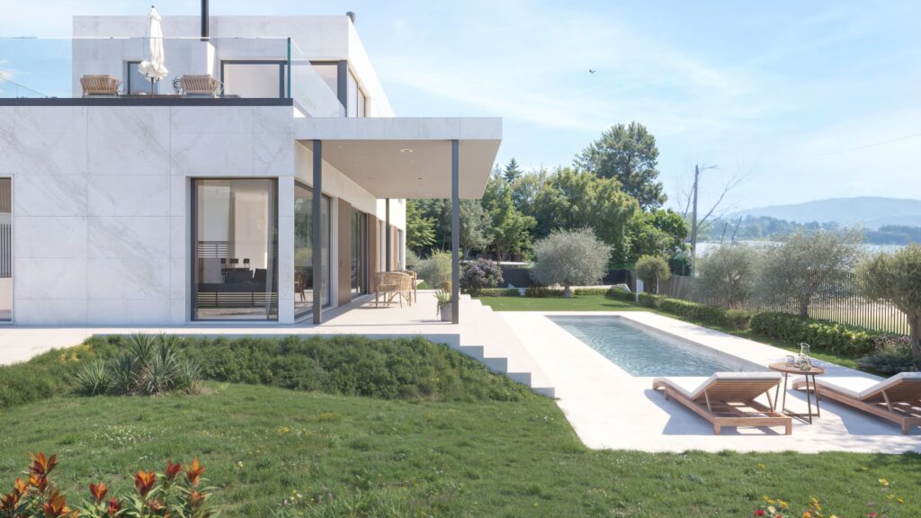 Architectural render of a modular single-family house with a pool, rear view set in a natural environment. Created by Vimap Studio