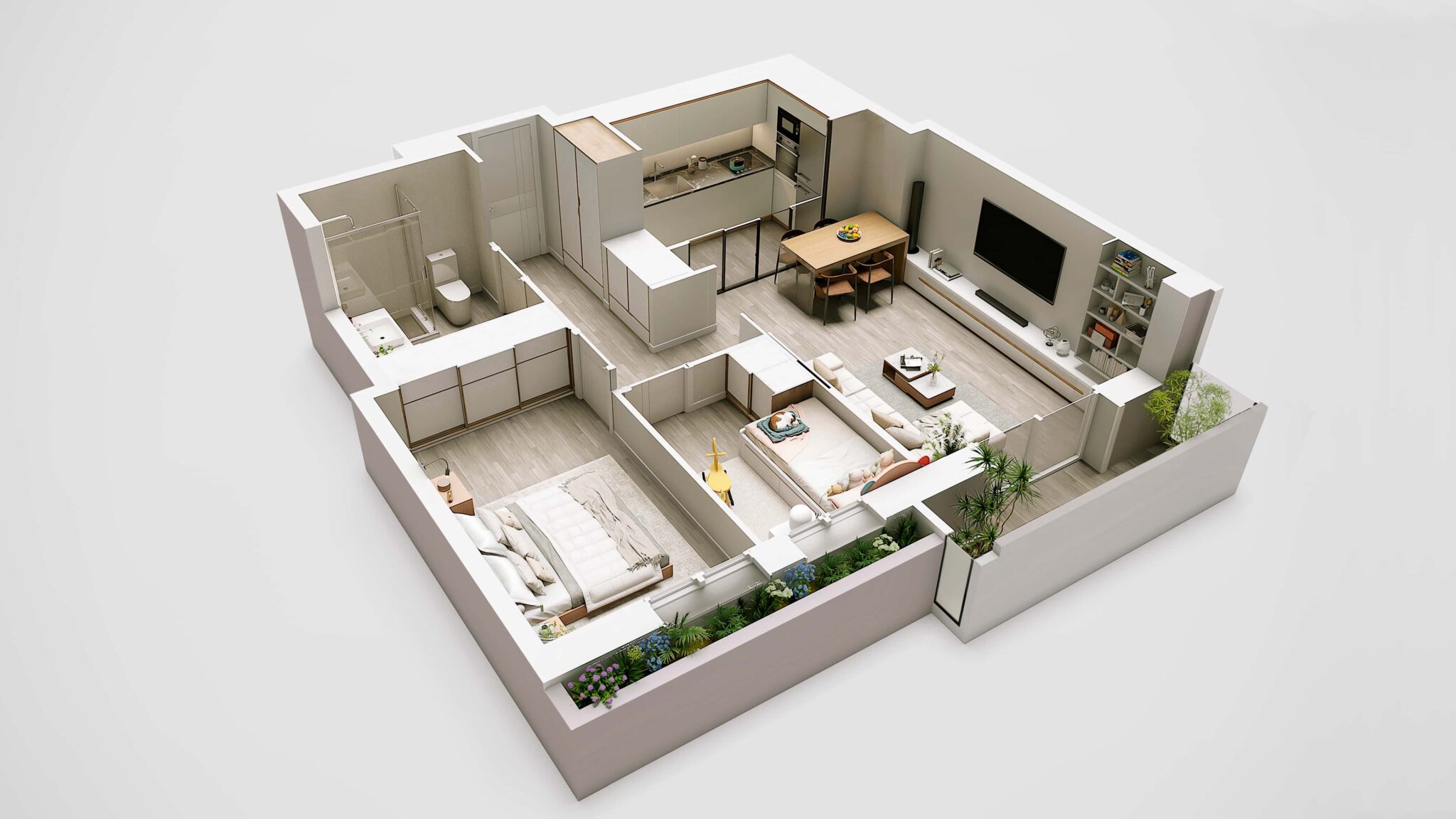Render 3D de piso moderno en edificio con diseño interior y luz natural