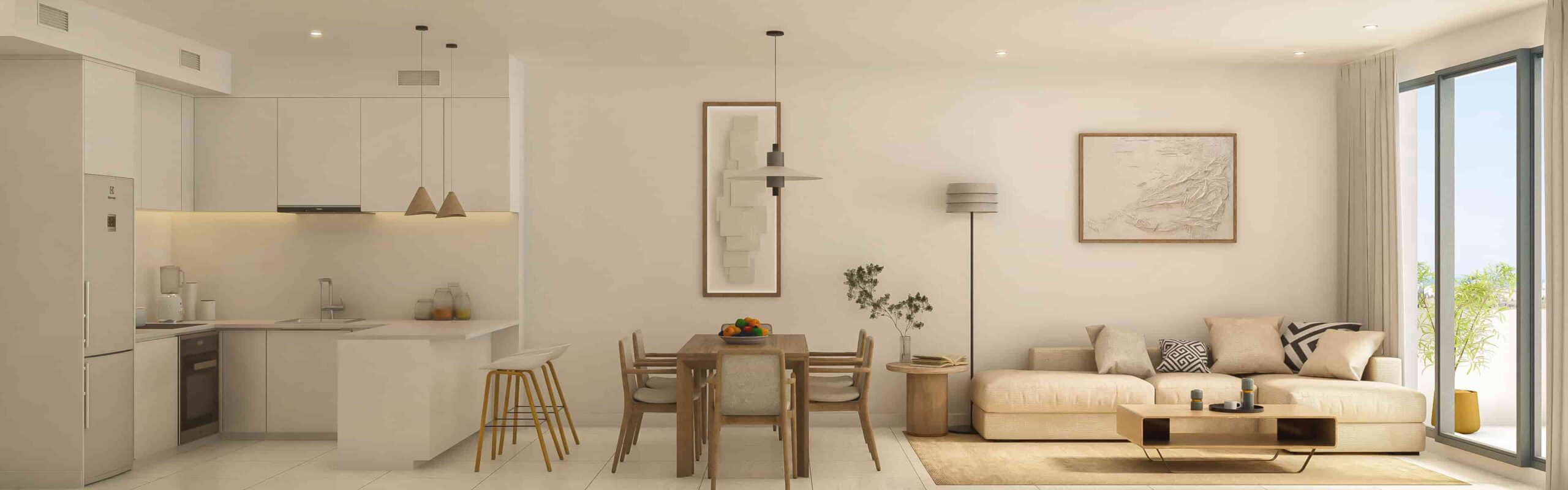 Render 3D de sala-comedor moderno con iluminación natural, cocina abierta y grandes ventanales con vistas panorámicas en una promoción inmobiliaria en Mijas, Málaga