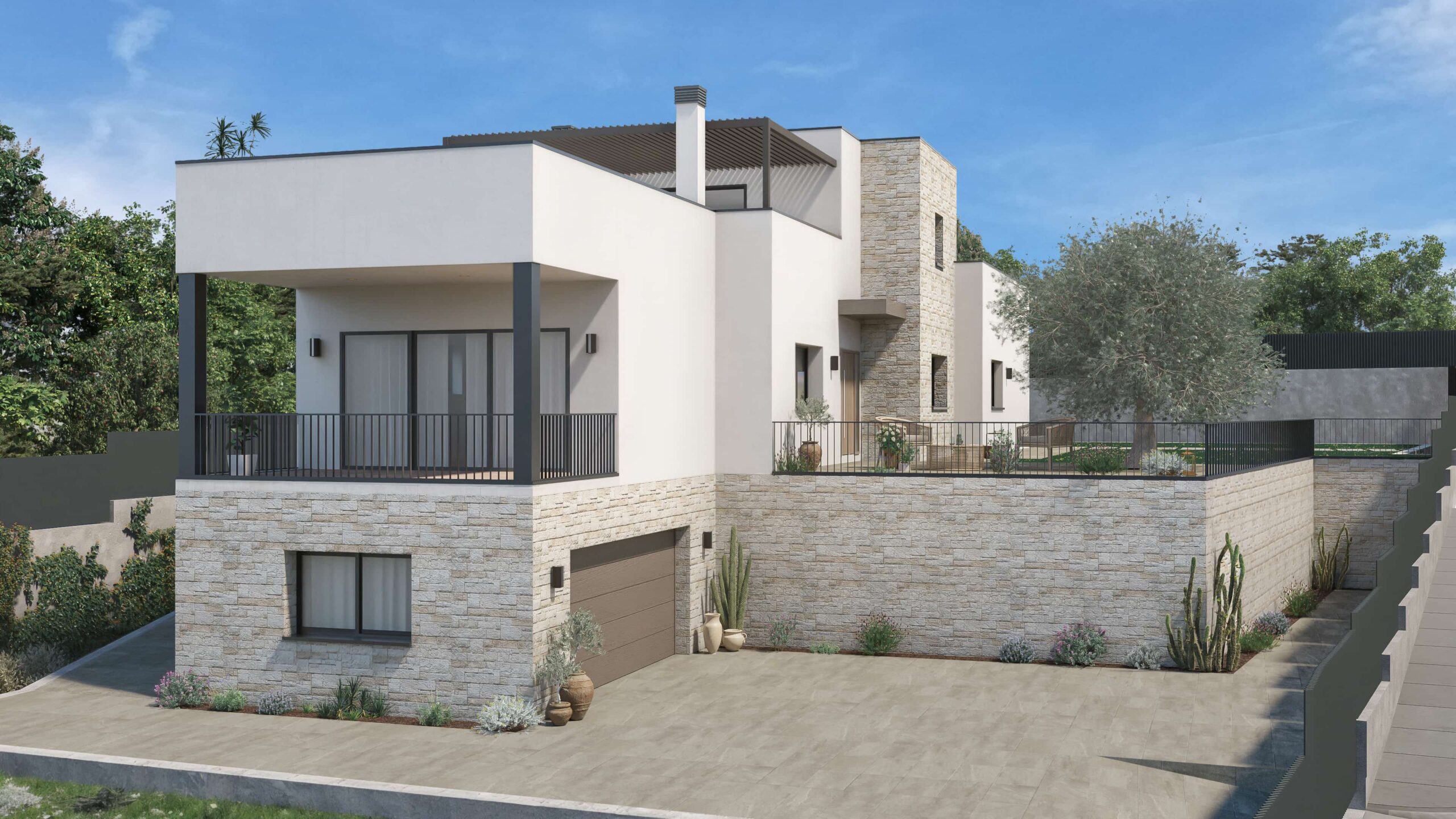 Renderizado 3D de una casa moderna de dos plantas con fachada de piedra y estuco blanco, cochera, terraza techada y entorno ajardinado
