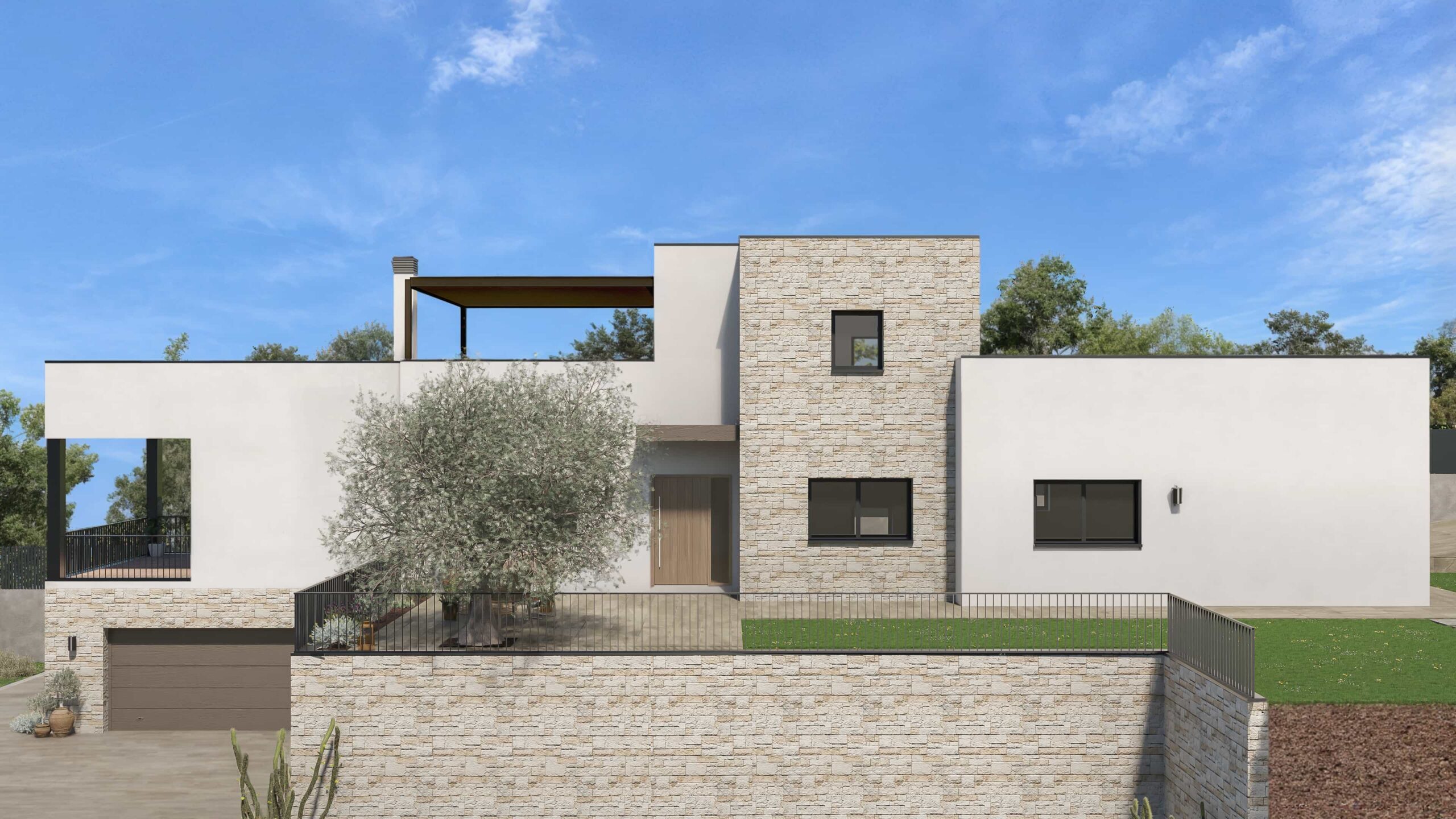 Render 3D de alta calidad de una casa moderna de dos pisos con fachada de piedra y estuco, garaje y terraza en la azotea