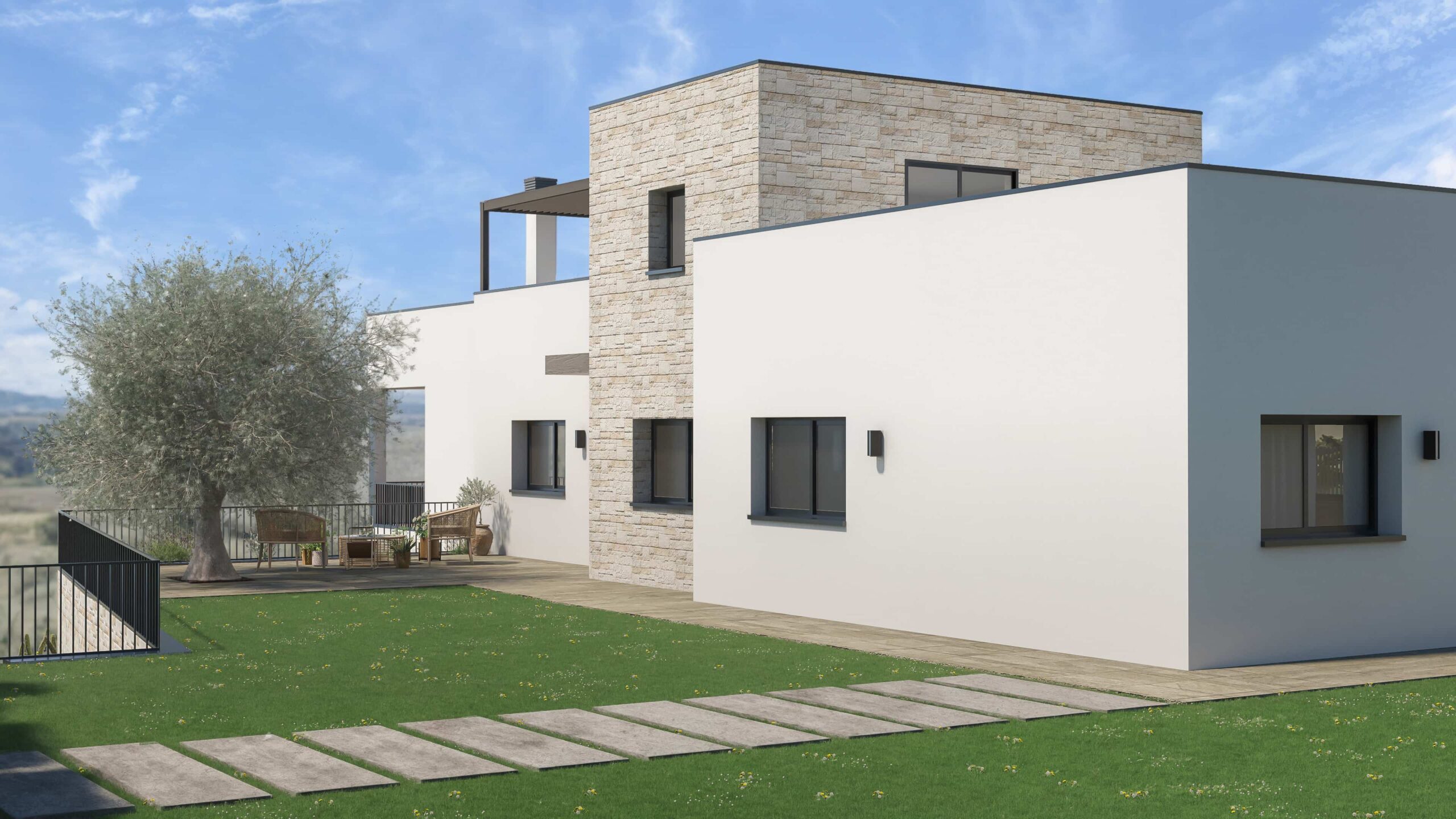 Render 3D fotorrealista de una casa moderna de dos pisos con fachada de piedra y estuco, garaje y terraza en la azotea