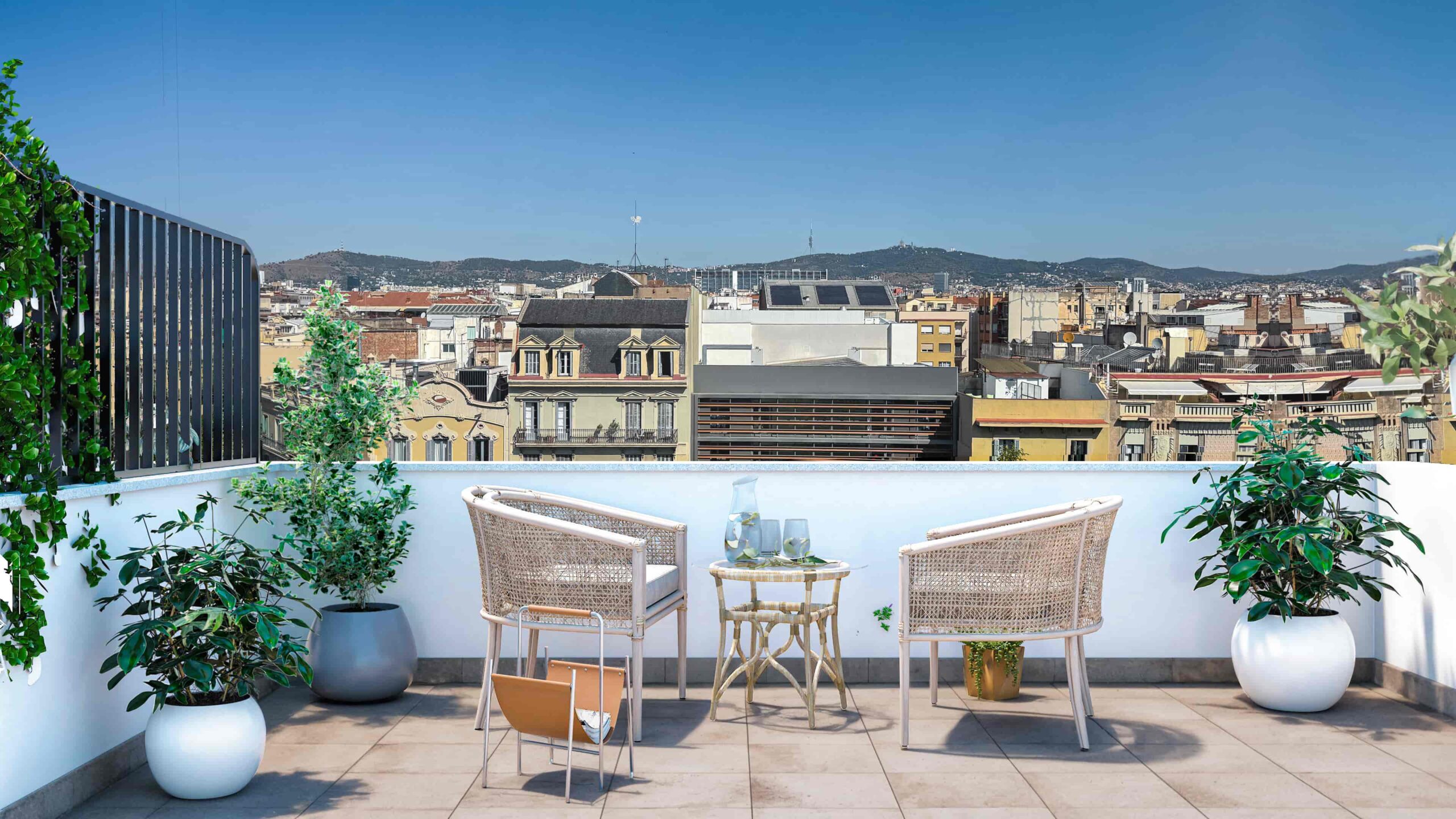 3D render of front terrace in renovated apartment in Barcelona with relaxation area and plants