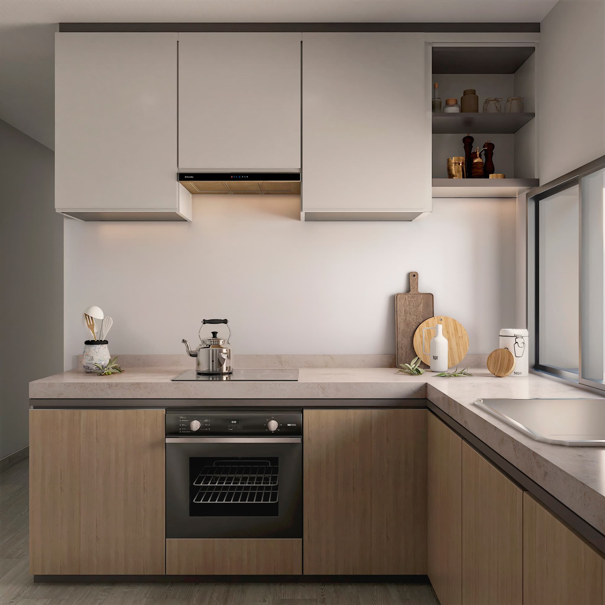 3D render of modern kitchen with wooden finishes in renovated apartment in Barcelona