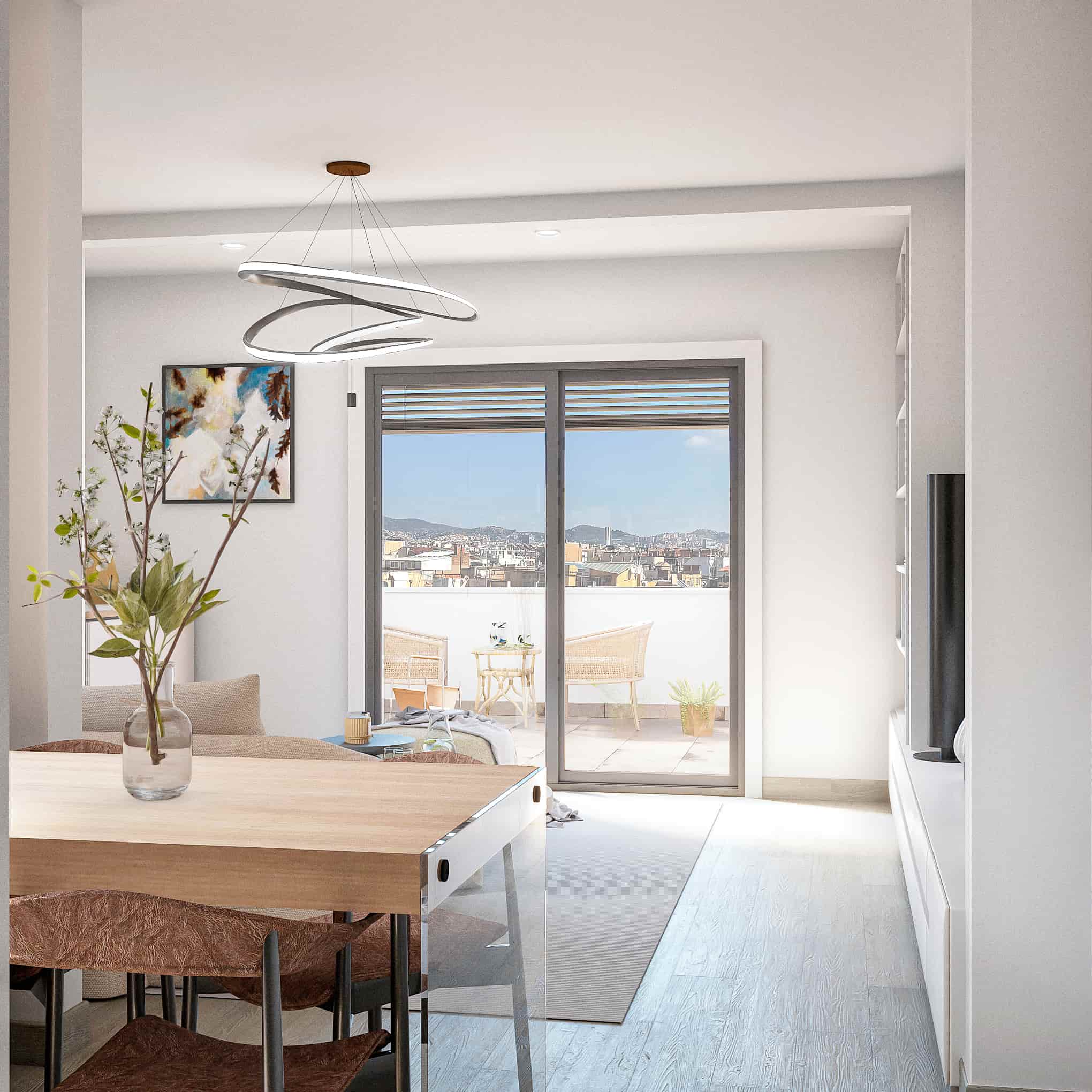 3D render of modern living-dining room with natural light in renovated apartment in Barcelona