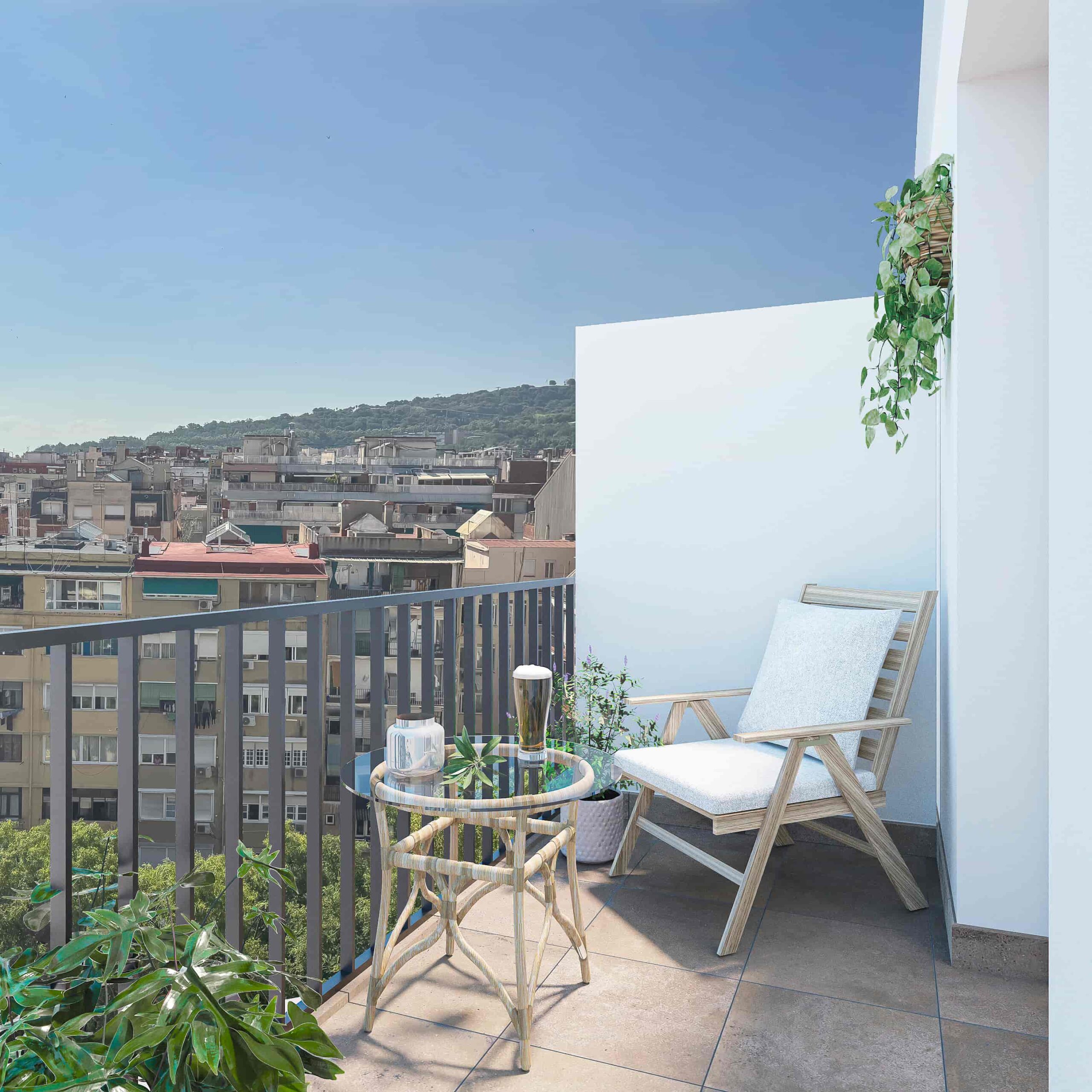 3D render of rear terrace in renovated apartment in Barcelona with urban views