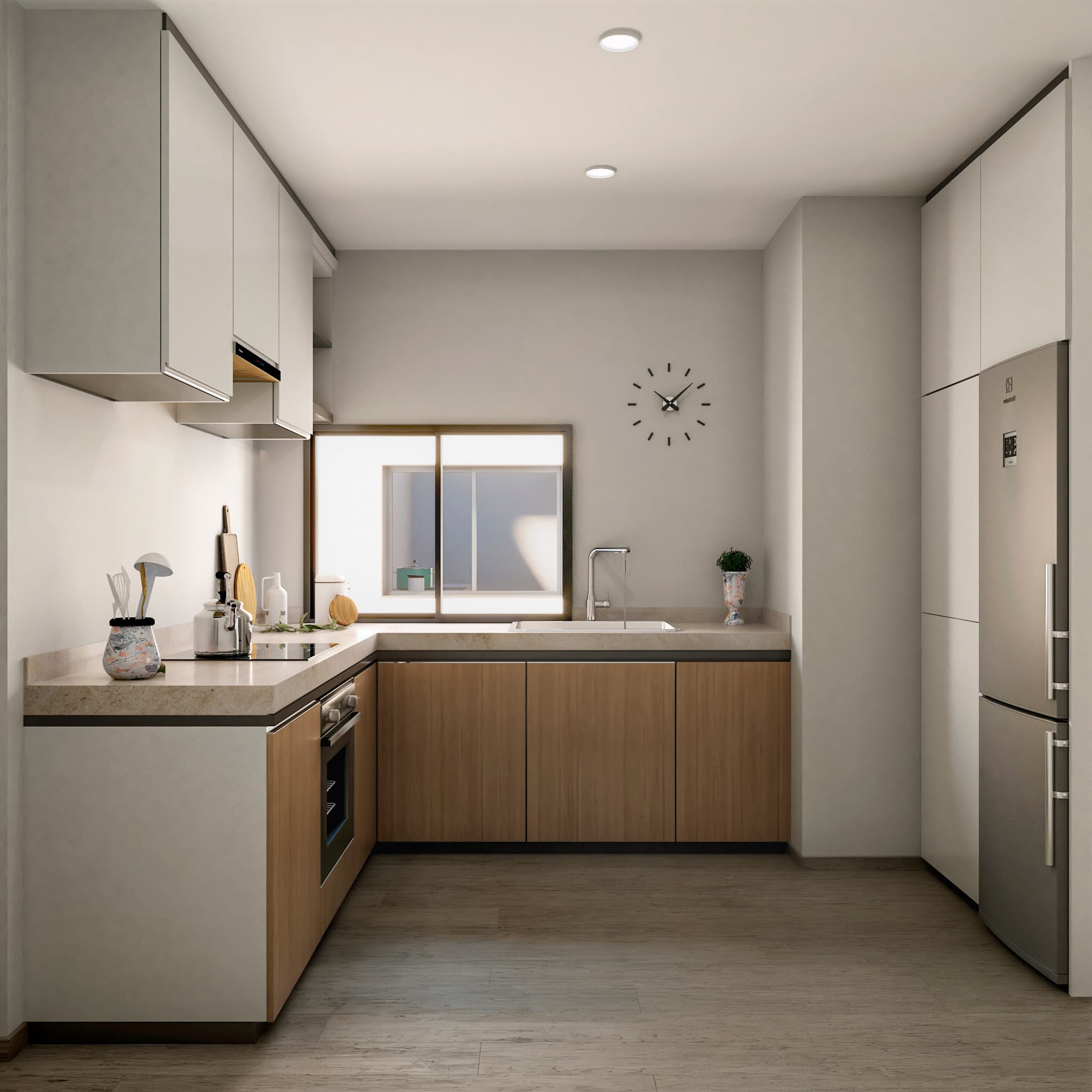Architectural render of bright L-shaped kitchen with minimalist style in renovated apartment in Barcelona