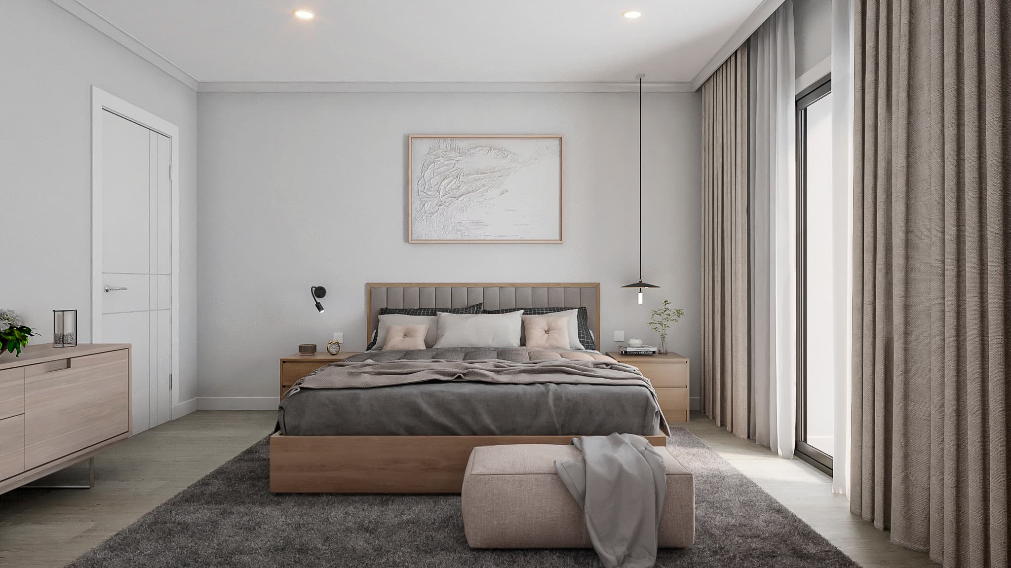 Architectural render of contemporary master bedroom in renovated apartment in Barcelona