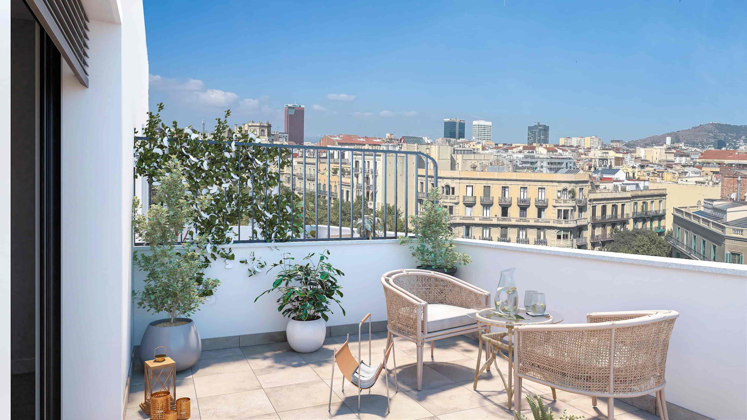 Architectural render of front terrace in luxury apartment in Barcelona with modern furniture