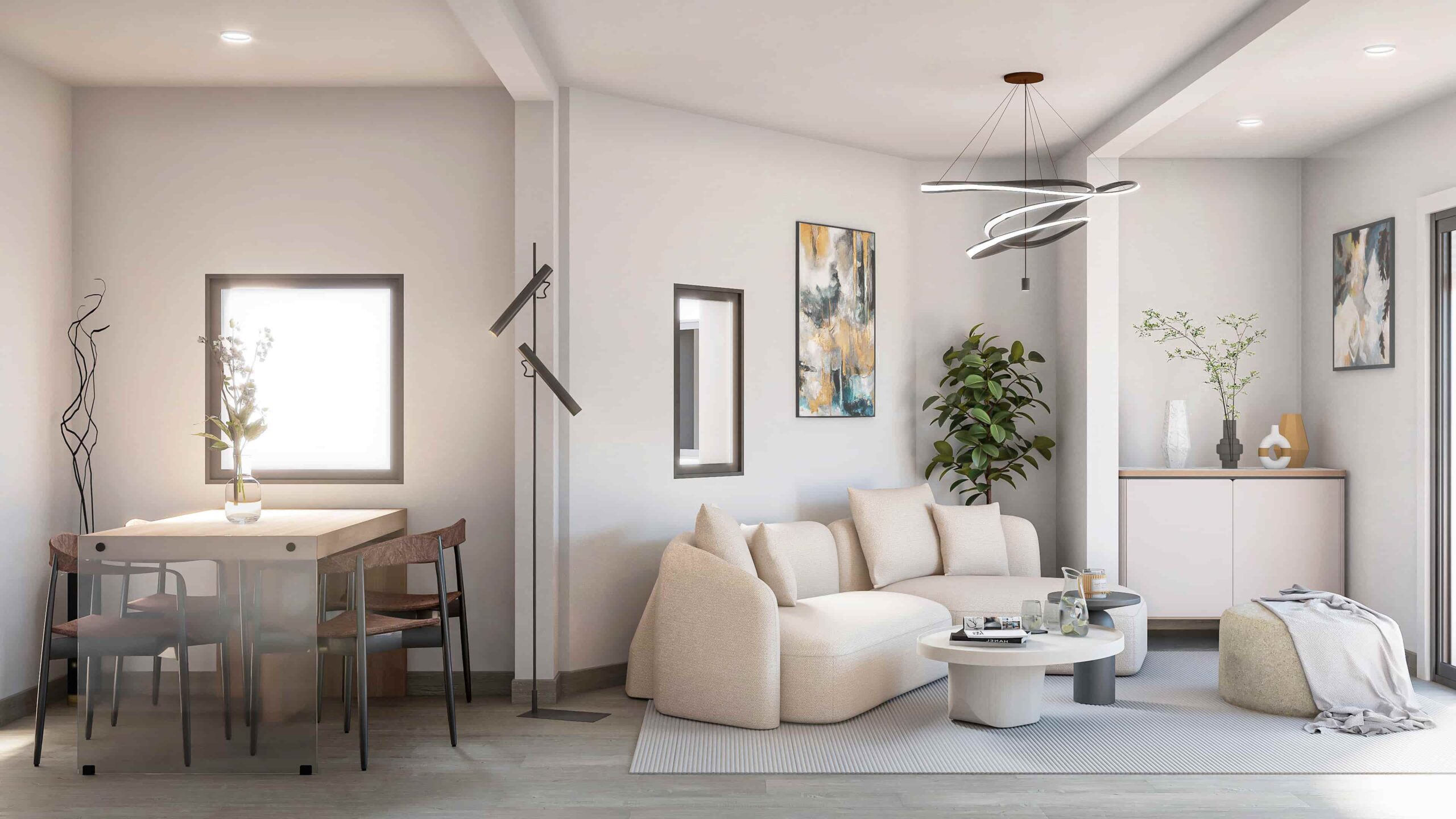 Architectural render of living room with integrated dining area in renovated apartment in Barcelona