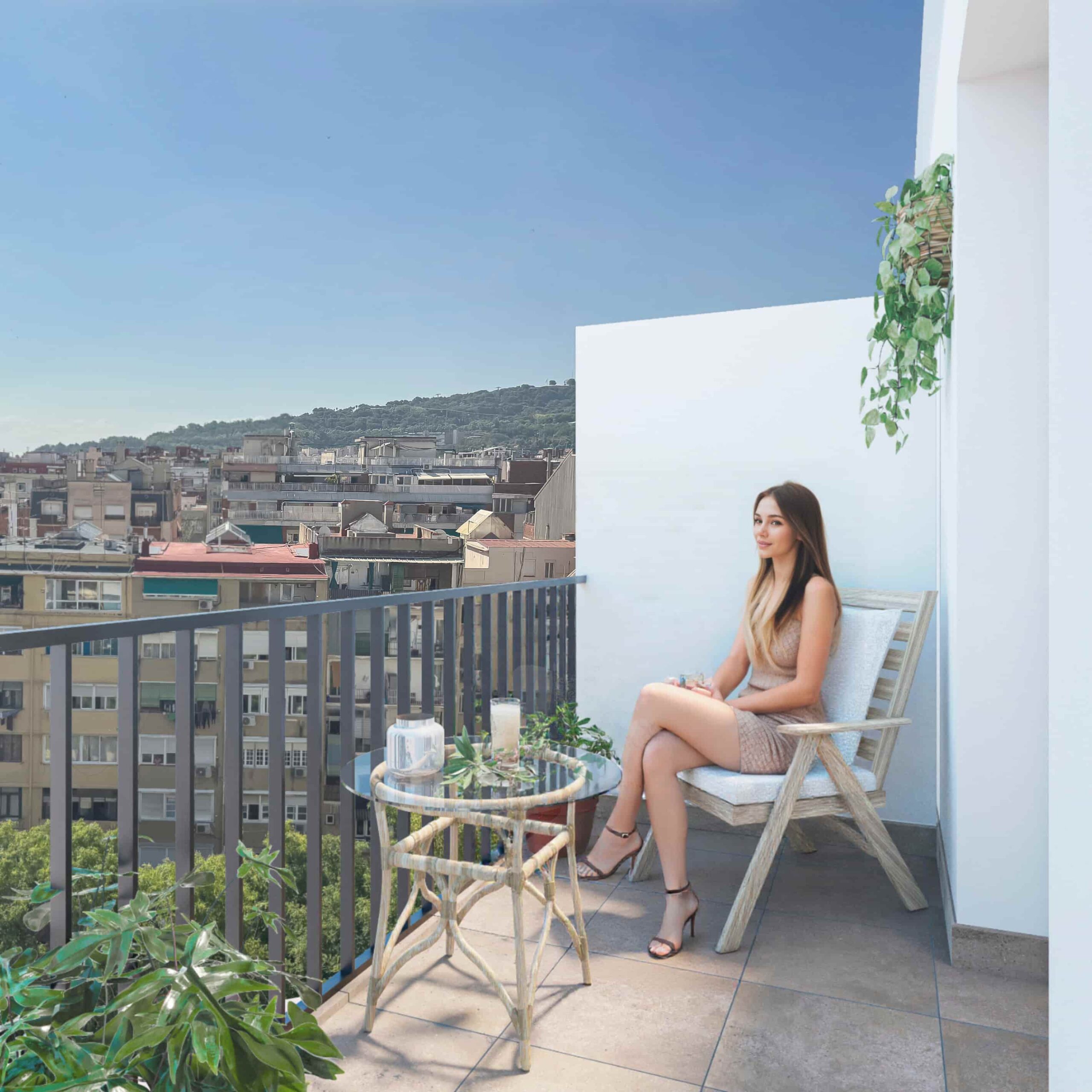 Architectural render of rear terrace in renovated apartment in Barcelona with panoramic views