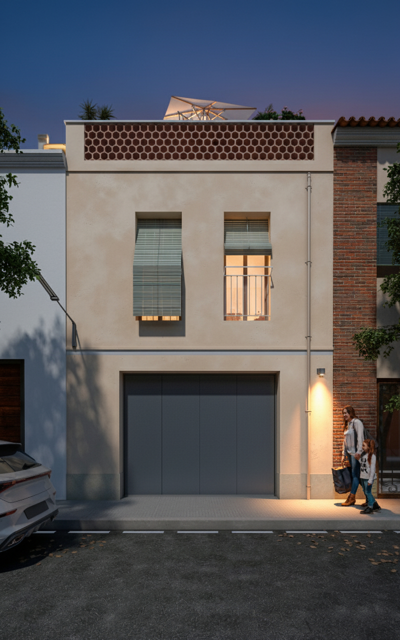 Render arquitectónico nocturno de fachada moderna con iluminación cálida durante la blue hour, mostrando un entorno urbano y un diseño contemporáneo