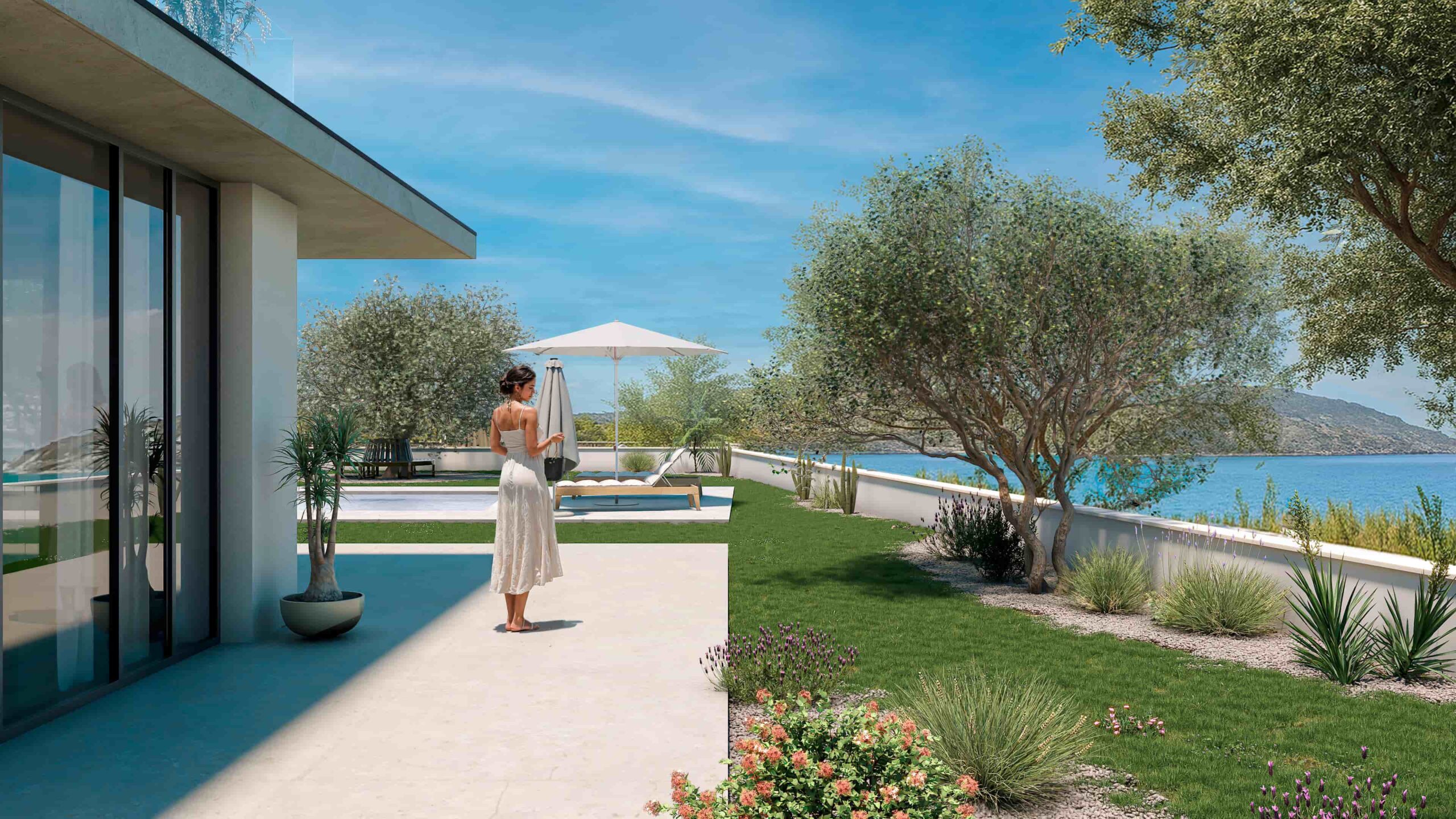 Render 3D de villa de lujo mediterránea en Málaga con vista al mar, terraza y jardín exterior – visualización arquitectónica realista.