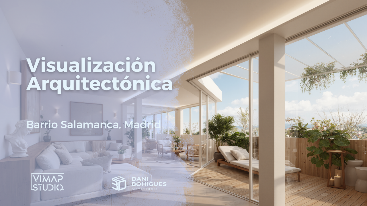Animación 3D de un apartamento en el Barrio de Salamanca, mostrando diseño interior moderno y distribución detallada