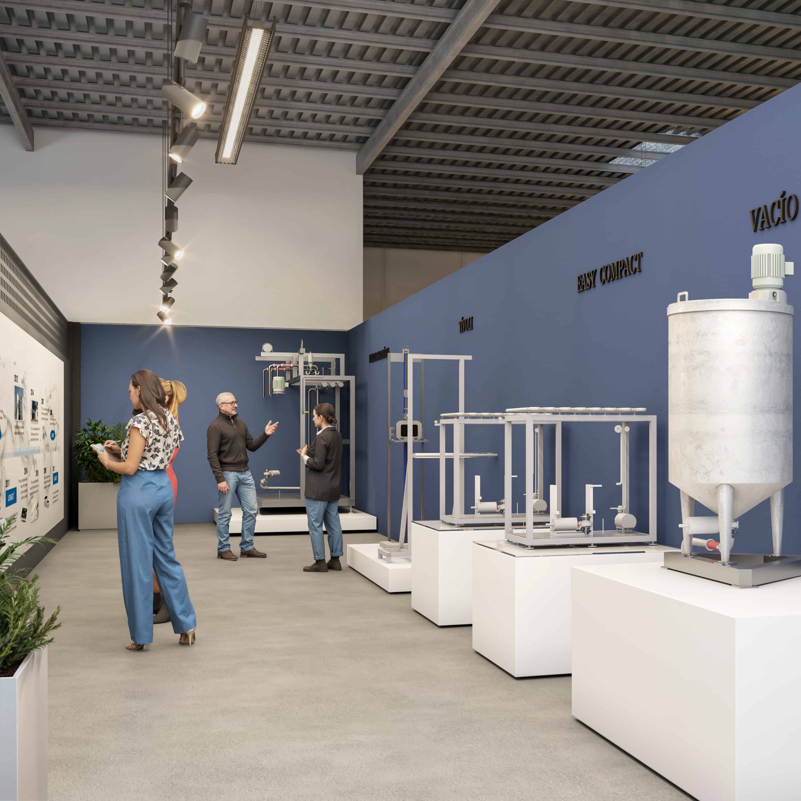 Render 3D de un showroom empresarial con estilo industrial, mostrando la exposición corporativa desde otro ángulo