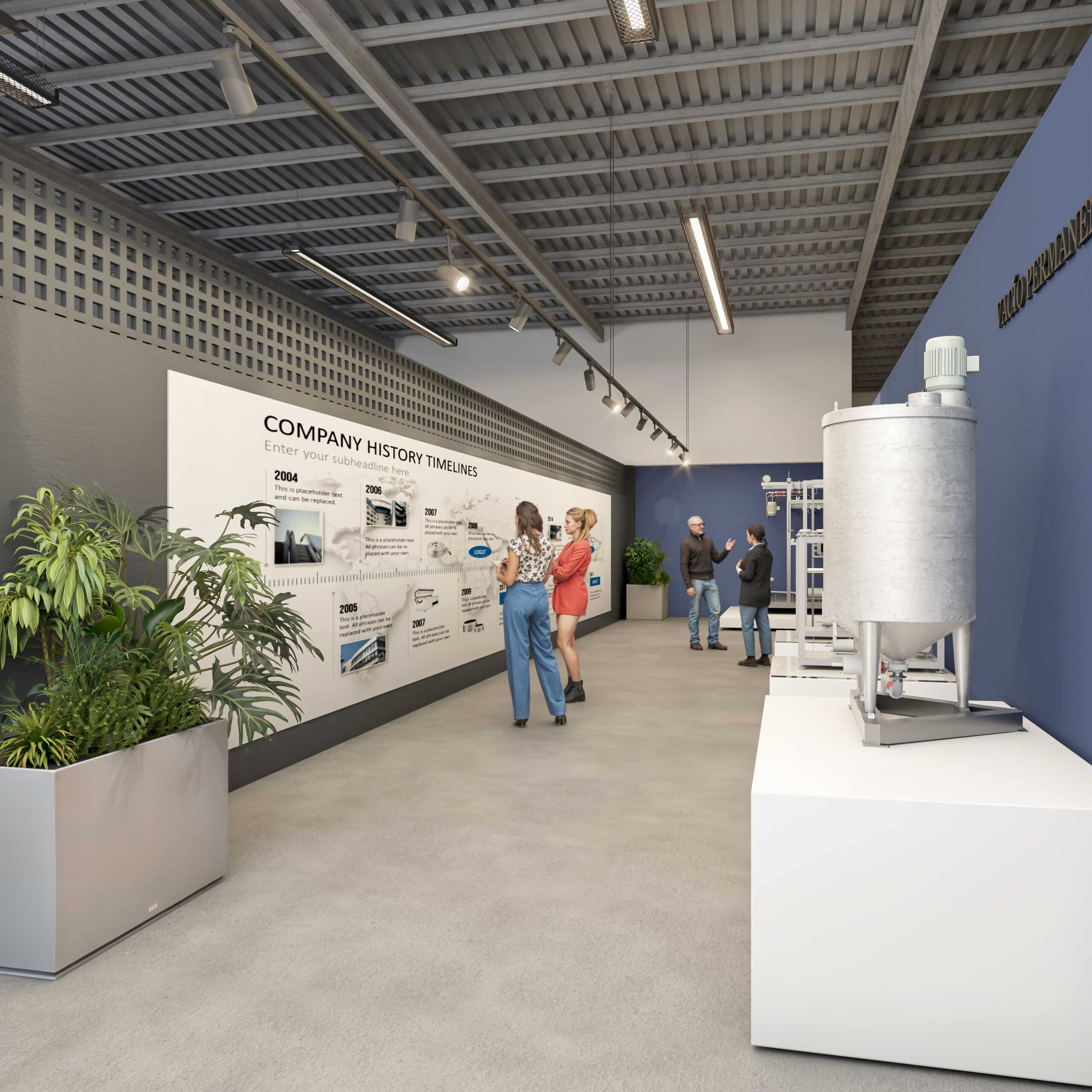 Render 3D fotorrealista de un showroom empresarial con diseño interior industrial, mostrando una exposición corporativa moderna