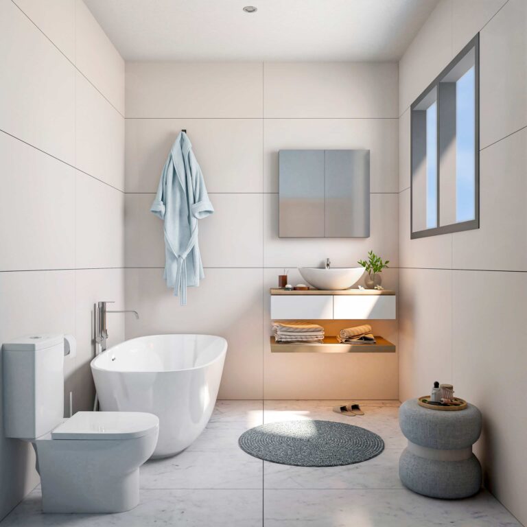 Render 3D de baño estilo mediterráneo en villa de lujo en Alicante, con diseño moderno, bañera independiente y detalles minimalistas