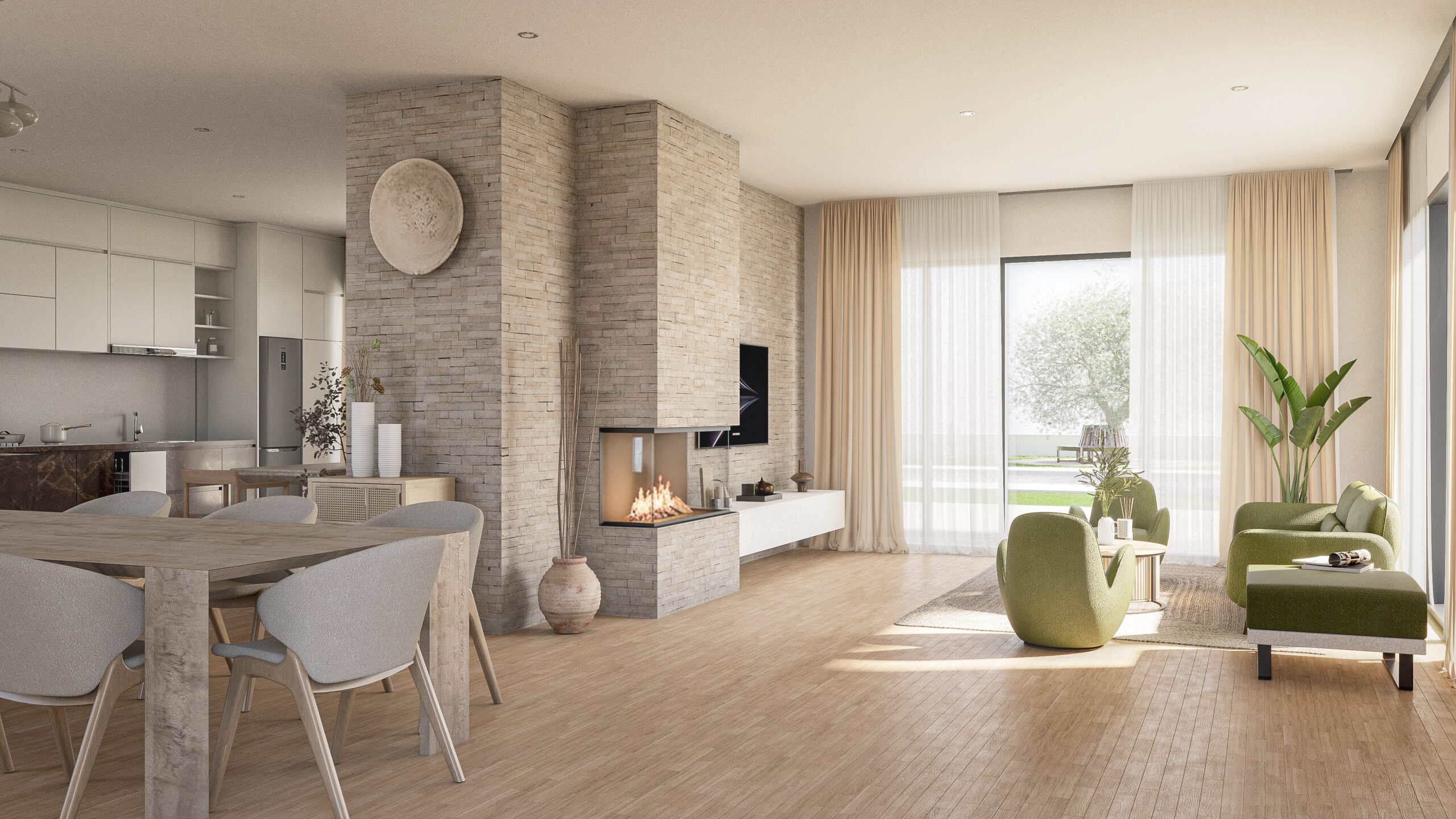 Render 3D de salón minimalista mediterráneo con chimenea moderna, decoración natural y tonos neutros, diseño interior de lujo en villa de Alicante