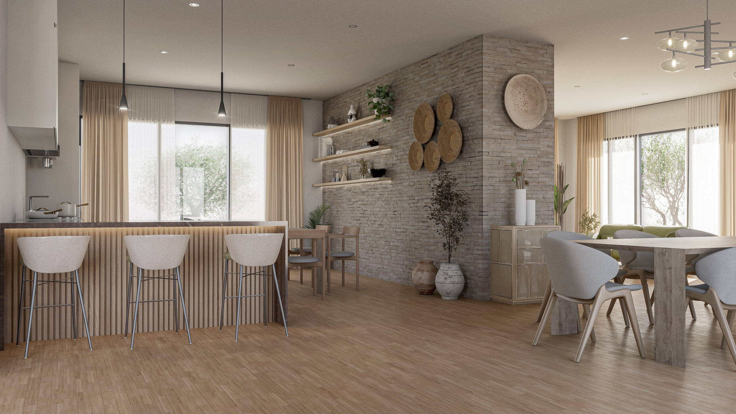 Render 3D de cocina y comedor estilo mediterráneo minimalista con acabados en madera natural, iluminación cálida y diseño interior moderno en villa de lujo en Alicante.