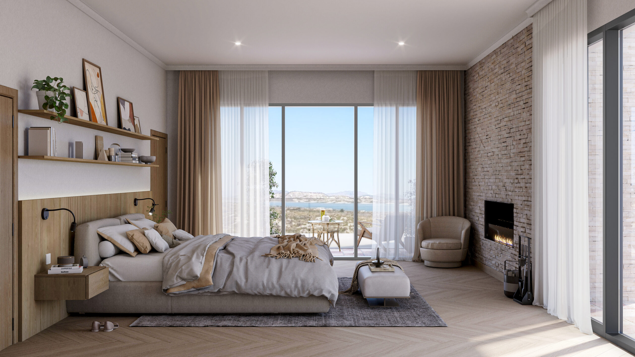 Render 3D de dormitorio estilo mediterráneo minimalista con vistas al mar, chimenea moderna y decoración en tonos cálidos en villa de lujo en Alicante