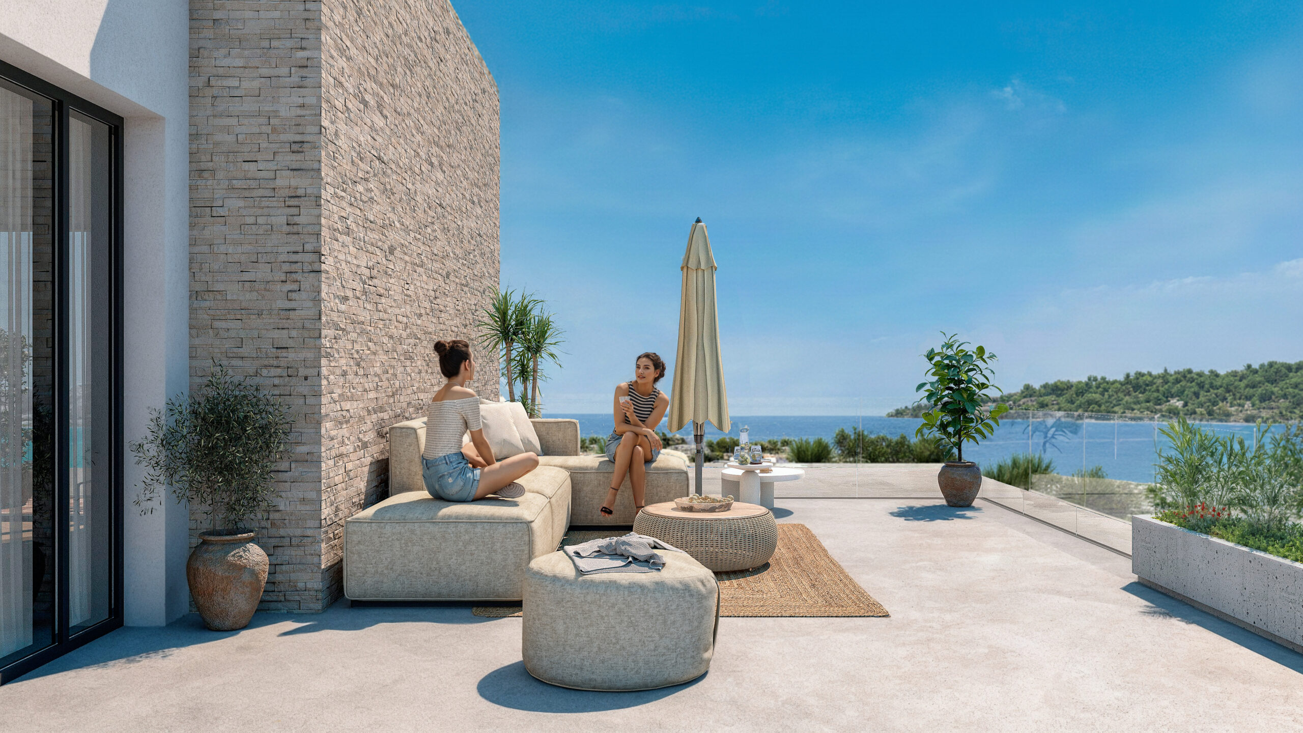 Render arquitectónico exterior fotorrealista de una terraza mediterránea moderna con vista al mar, creado para visualización 3D profesional