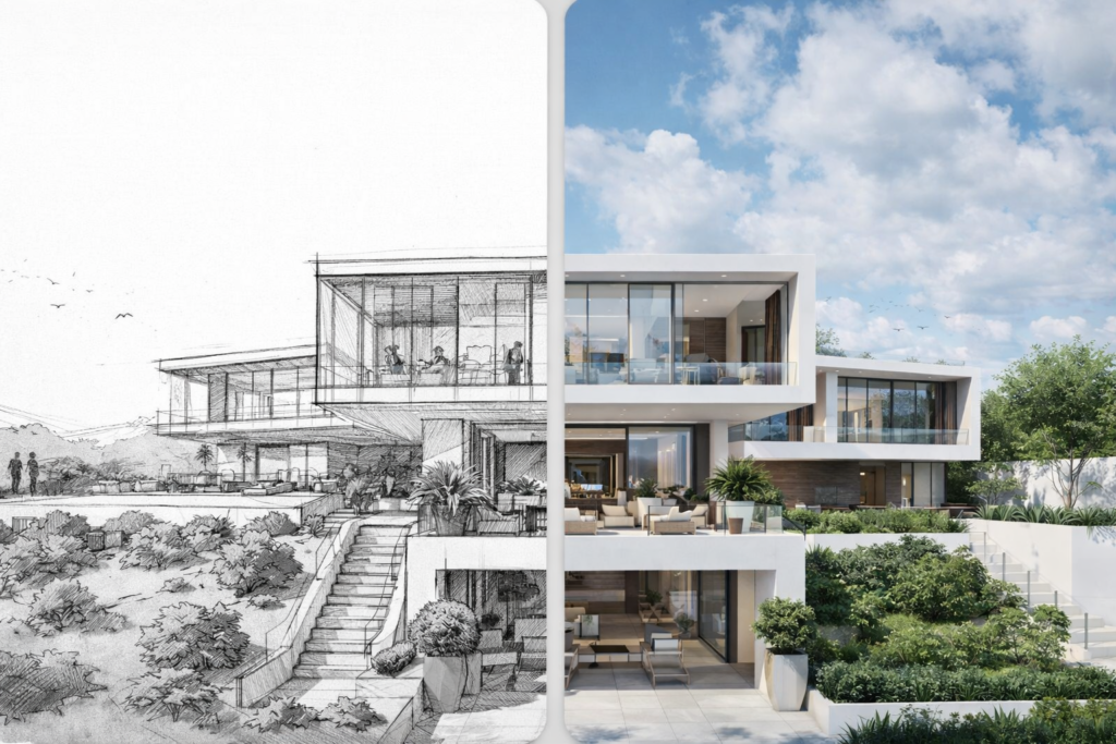 Imagen comparativa de una vivienda moderna en ladera: a la izquierda se muestra un boceto arquitectónico en blanco y negro estilo mano alzada, y a la derecha el render fotorrealista generado con IA del mismo proyecto.