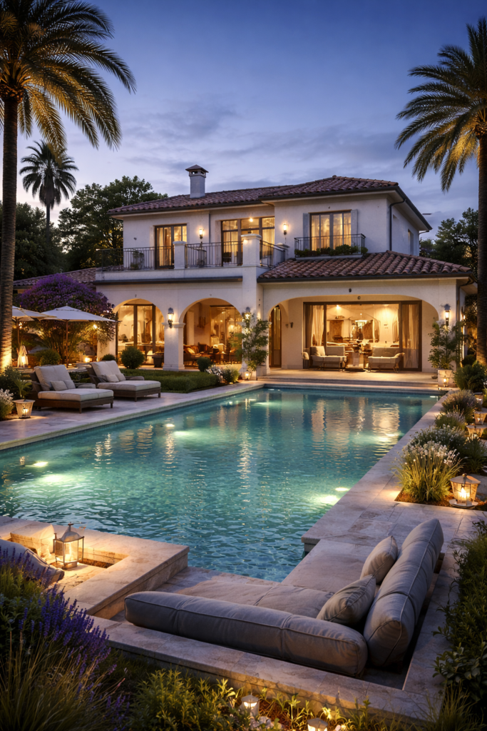 Render arquitectónico nocturno de edificio residencial creado con inteligencia artificial, visualización 3D para promotoras inmobiliarias en blue hour.