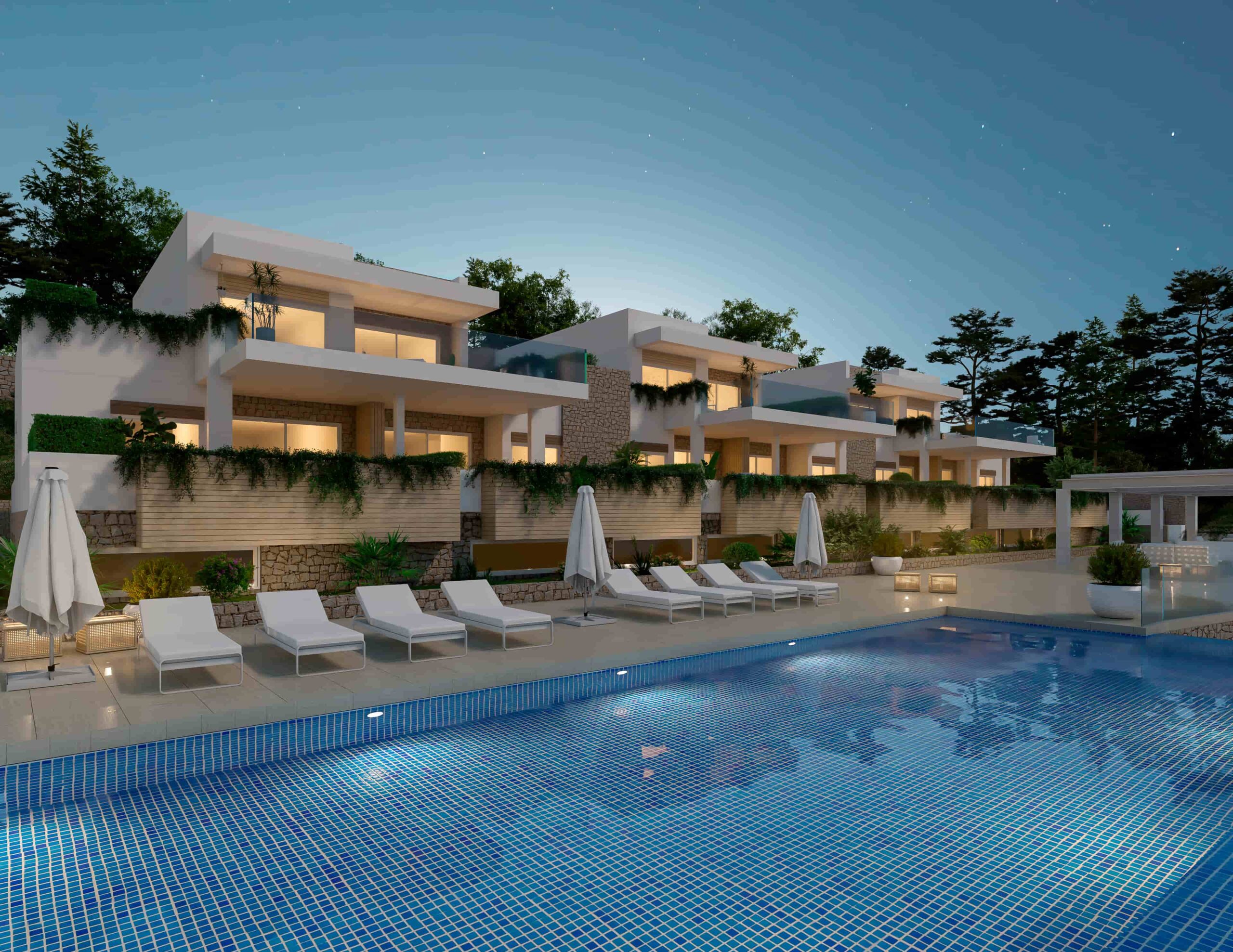 Render nocturno de hotel y complejo residencial moderno con piscina iluminada y arquitectura contemporánea