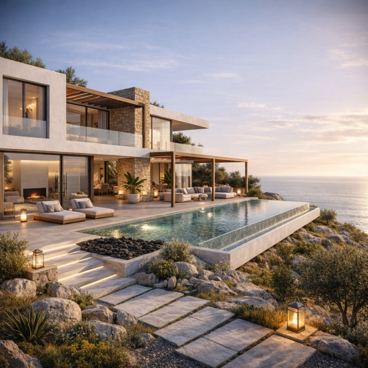 Render de vivienda unifamiliar mediterránea con piscina infinity creado con inteligencia artificial en iluminación golden hour