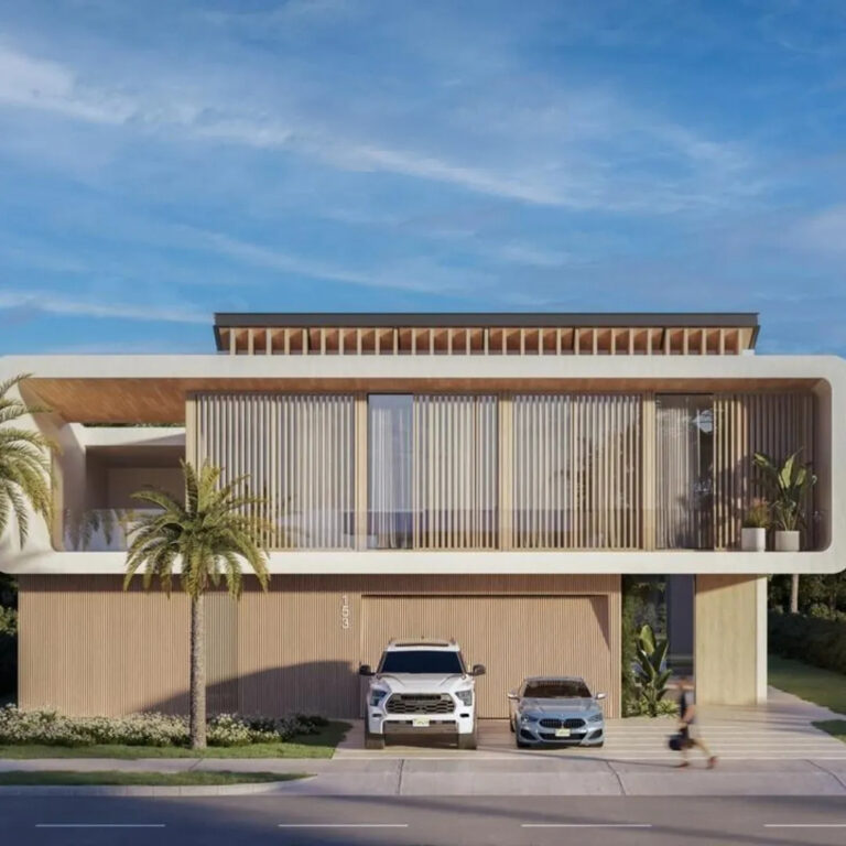 Ultra-luxury modern villa in Miami Beach, 3D architectural render with tropical landscaping, high-end white SUV and luxury sedan in the driveway at dusk.
