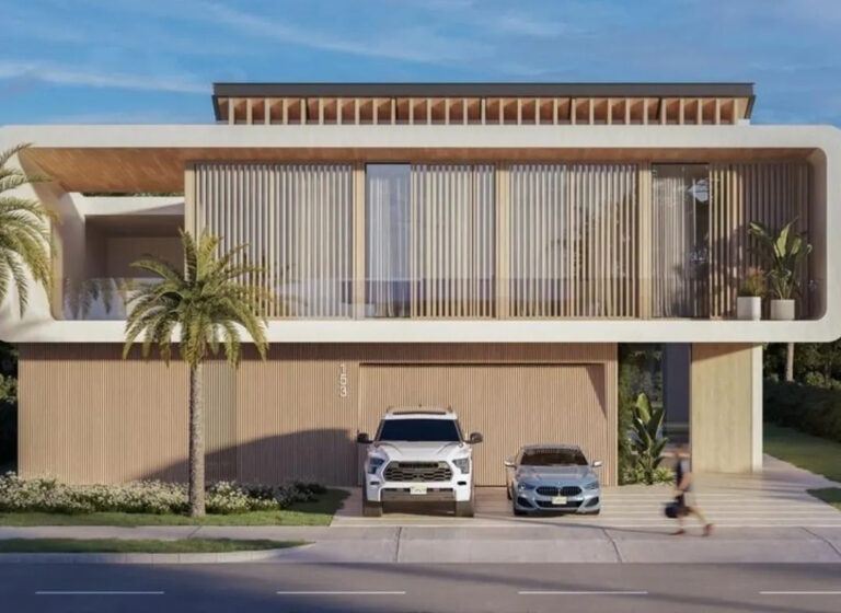 Ultra-luxury modern villa in Miami Beach, 3D architectural render with tropical landscaping, high-end white SUV and luxury sedan in the driveway at dusk.
