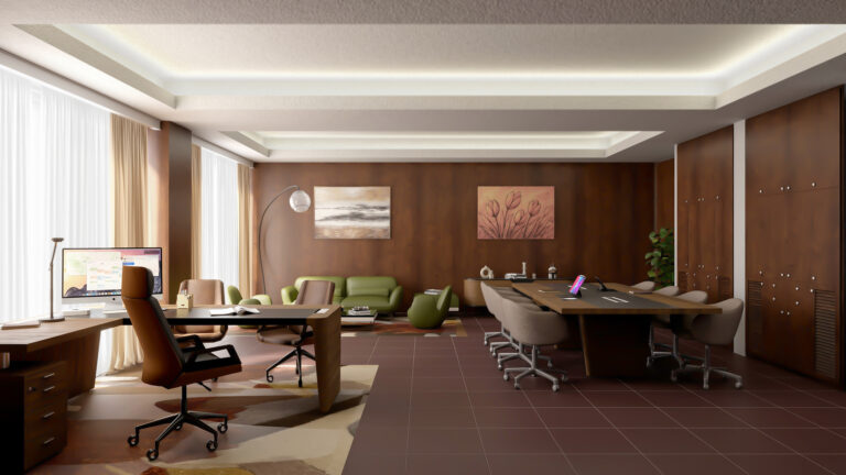 Modern luxury office interior design in Miami with large conference table, executive desk, and elegant wood paneling.