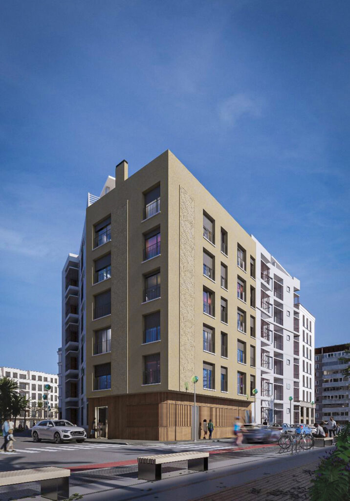 Realistic 3D architectural rendering of a multi-story mixed-use building in Miami, featuring warm exterior cladding, ground-floor retail, a crosswalk, bicycle parking, and people on the street during a bright day.