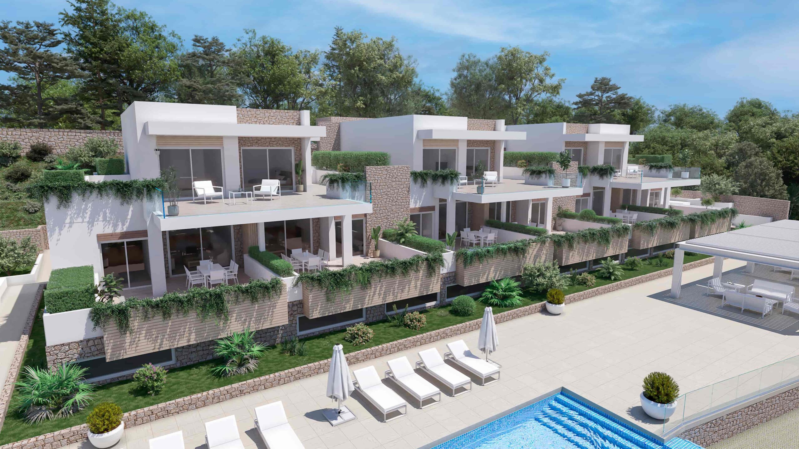 Render 3D de apartahotel moderno en Bilbao con piscina, terrazas privadas y jardines integrados.