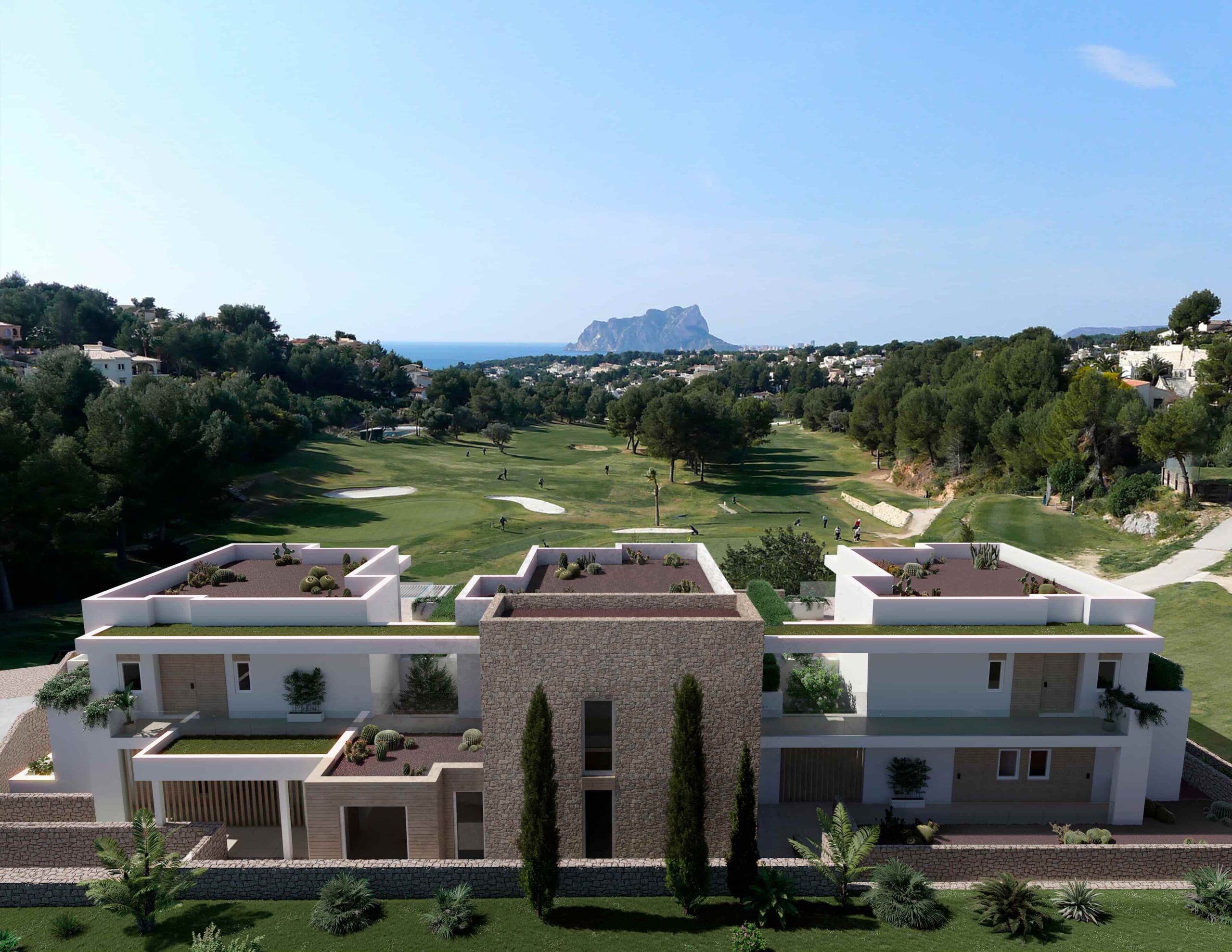 Render de edificio de apartamentos de lujo con fachada de piedra y cubiertas ajardinadas, ubicado frente a un campo de golf con vistas al Peñón de Ifach y el mar Mediterráneo.