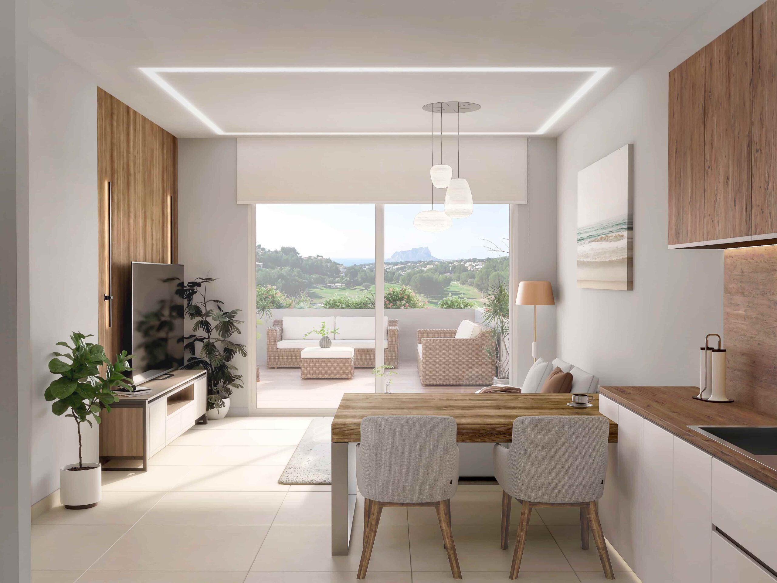 Interior de vivienda en residencial mediterráneo con cocina abierta, salón y acceso a terraza exterior