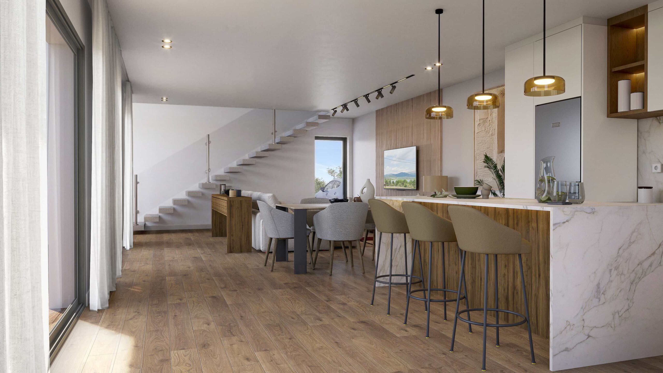 Visualización 3D de cocina abierta con isla de mármol y taburetes de diseño con vistas al salón y escalera volada