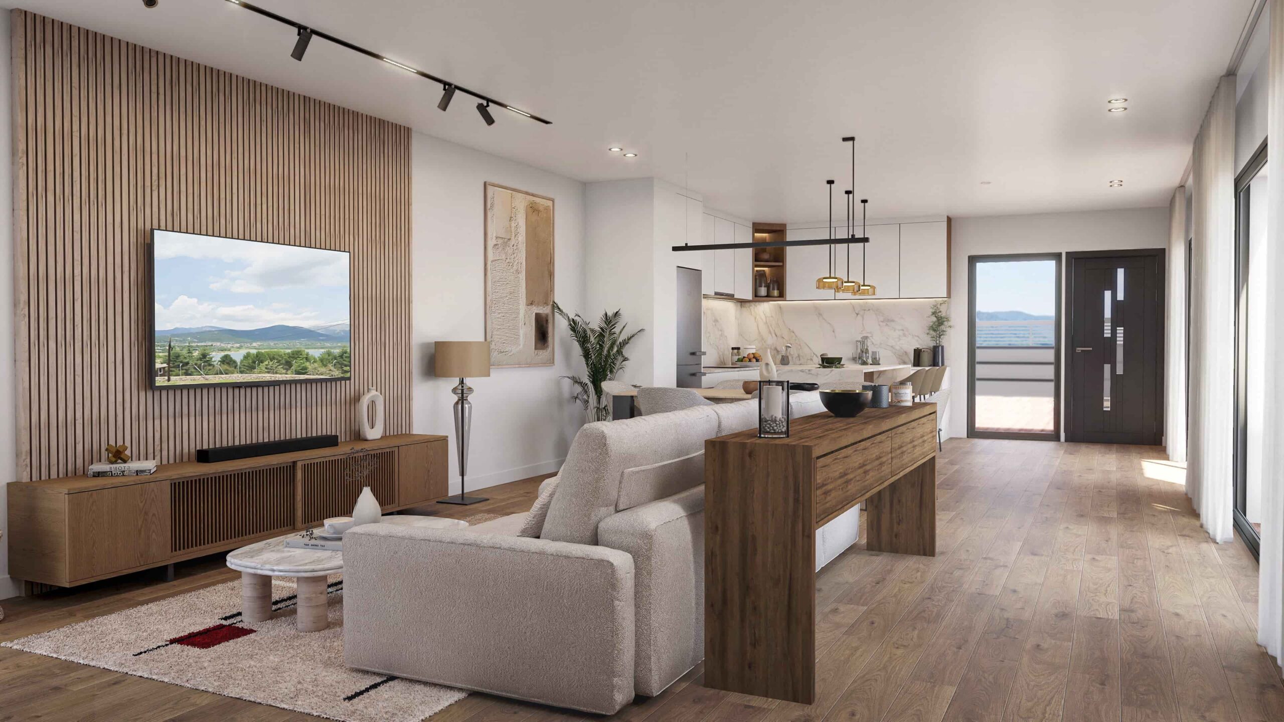 Render interior de salón moderno en la sierra de Madrid con panel decorativo de listones de madera para televisión y mueble bajo