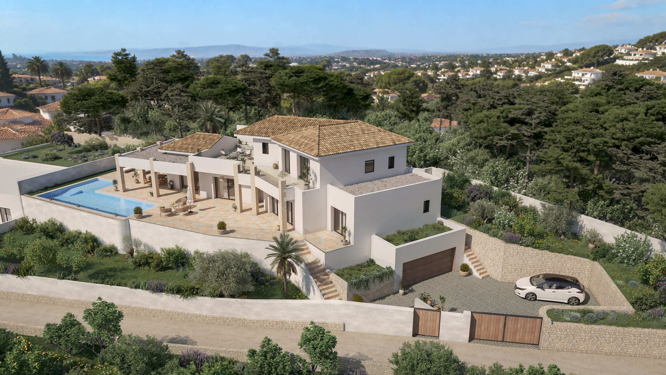 Vista aérea de render arquitectónico de villa mediterránea de lujo en Teulada Moraira con piscina y terrazas exteriores