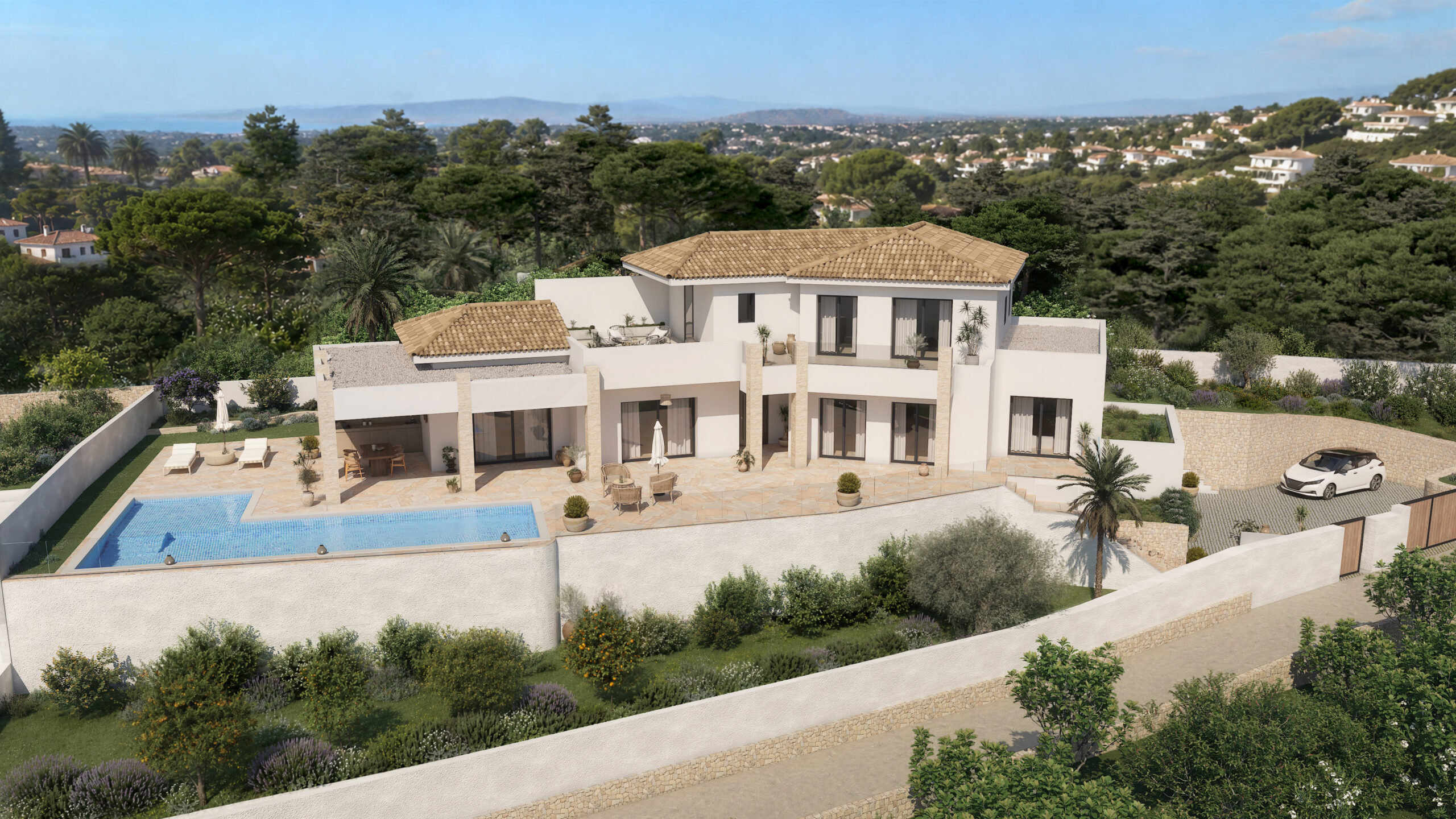 Vista aérea de render arquitectónico 3D de villa moderna de estilo mediterráneo con piscina, terrazas y paisajismo integrado en la Costa Blanca