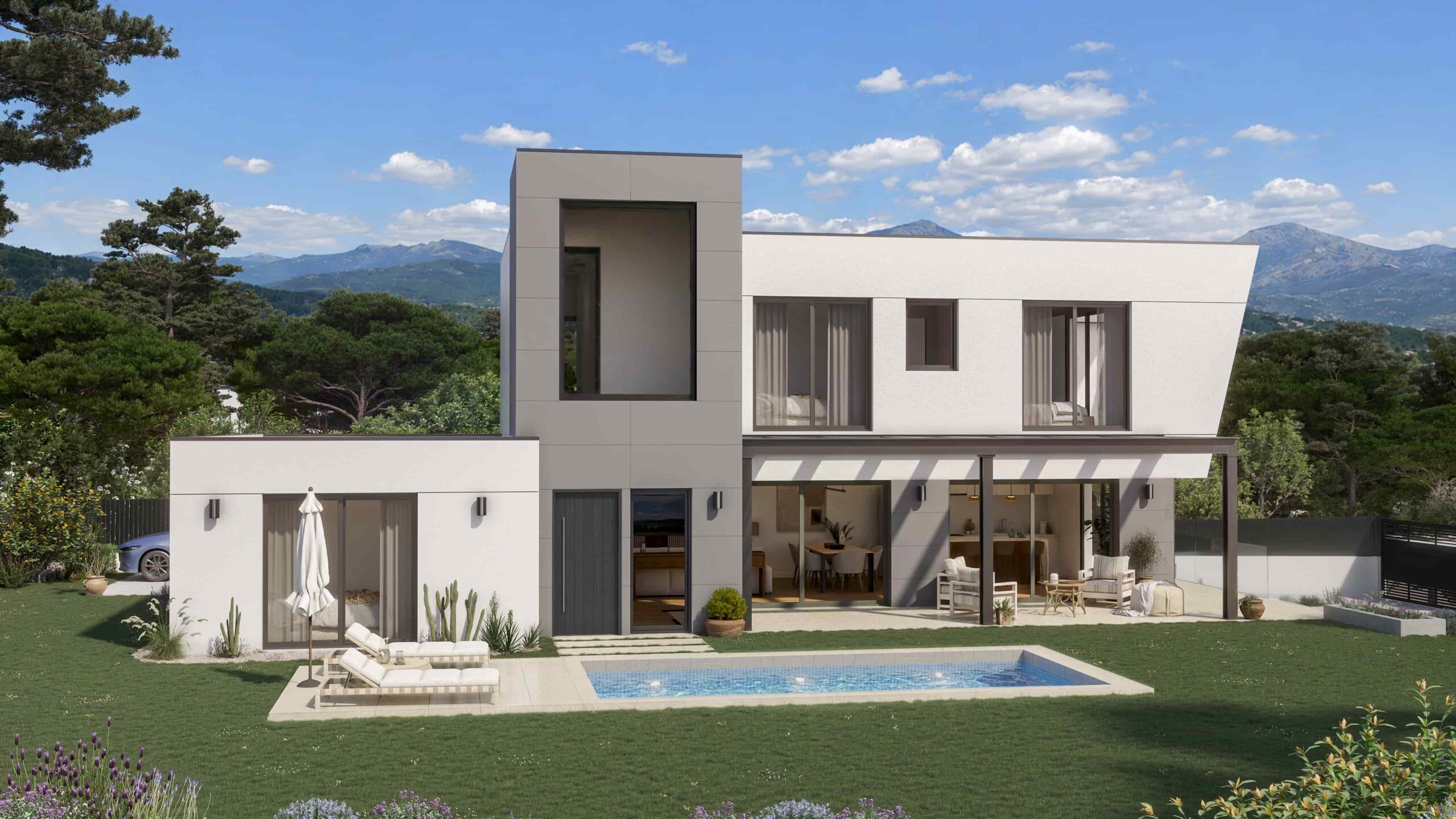 Render arquitectónico exterior de chalet premium en Navacerrada con piscina y vistas a la montaña al fondo