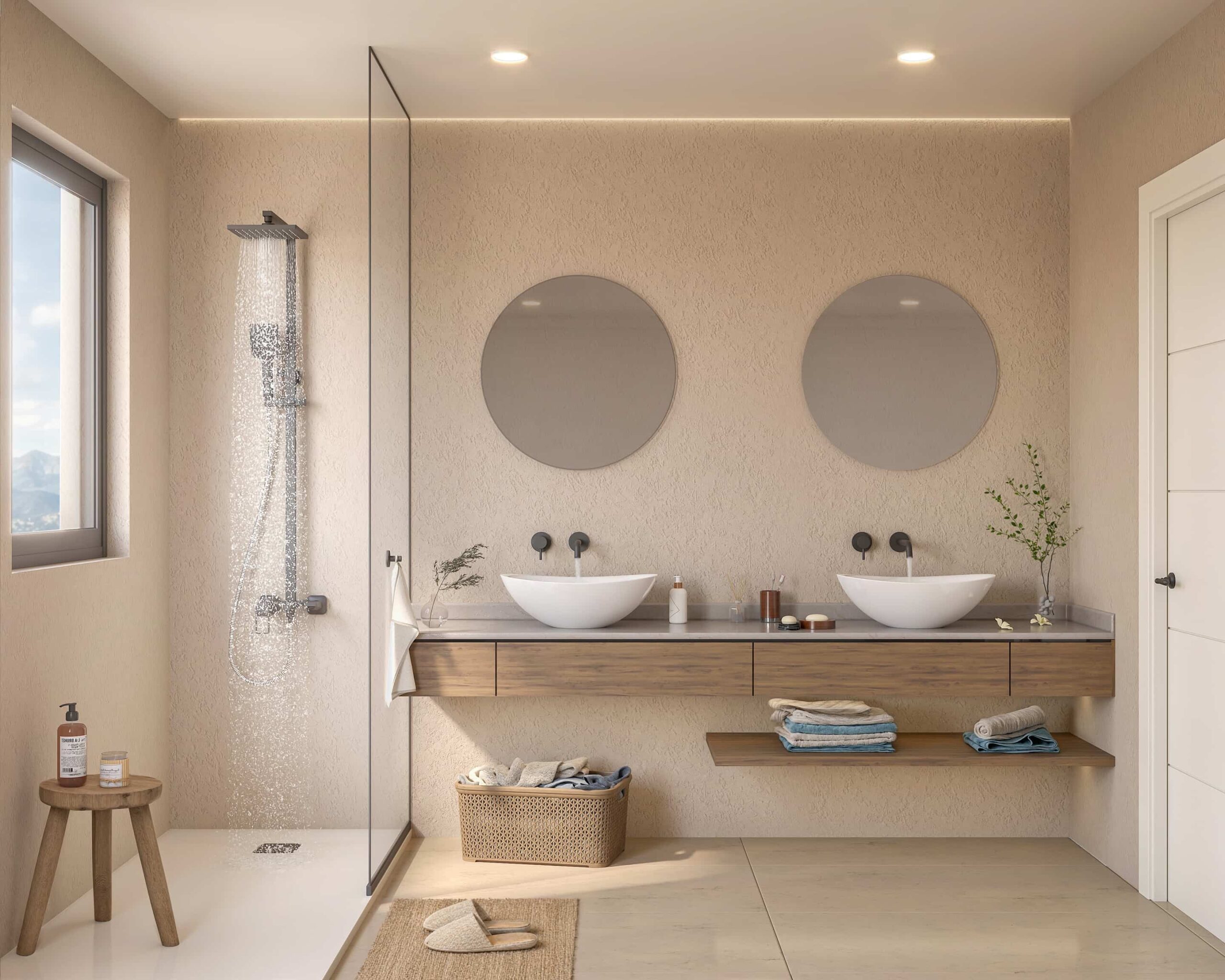 Render 3D de baño principal moderno en Navacerrada, Madrid, de estilo minimalista mediterráneo con paredes de mortero texturizado, doble lavabo y acabados en madera