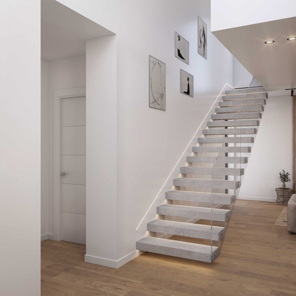 Infografía de escalera volada de hormigón con barandilla de vidrio e iluminación LED lineal empotrada en la pared