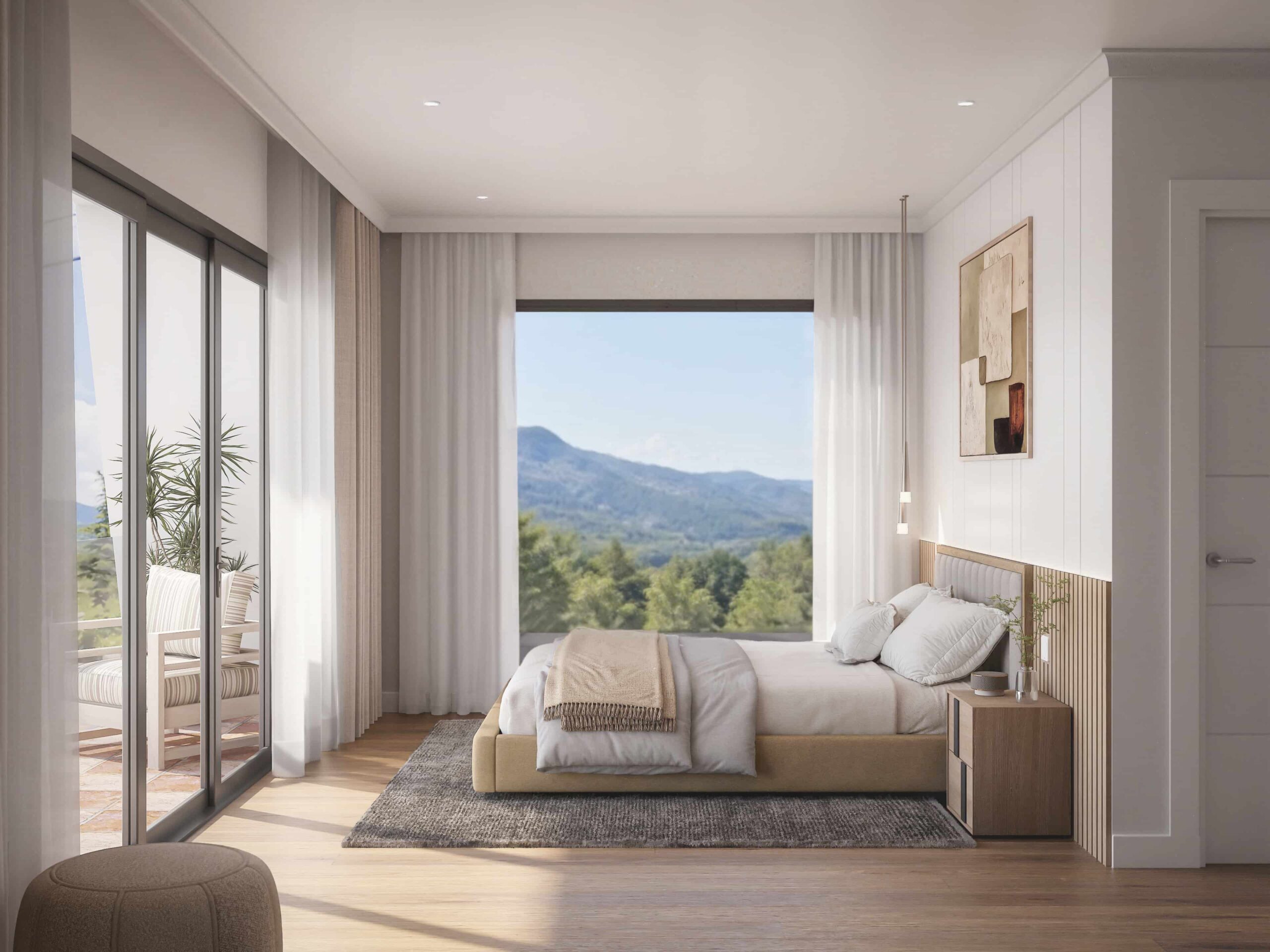 Render de dormitorio principal tipo suite de lujo con gran ventanal, vistas a la sierra de Madrid y terraza privada
