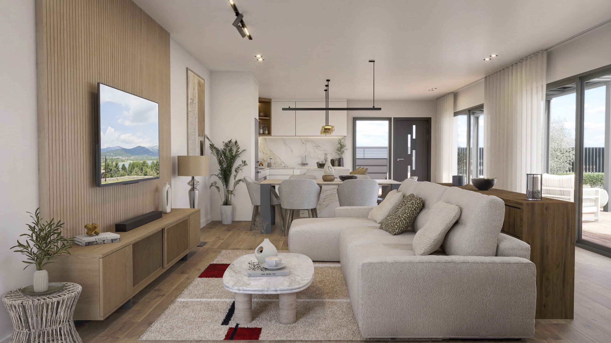 Infografía 3D de salón comedor integrado con cocina de diseño en un chalet de lujo en Navacerrada, Madrid